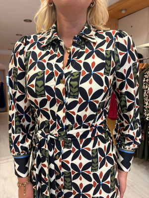 K Design Geometric Print Belted Midi Shirt Dress