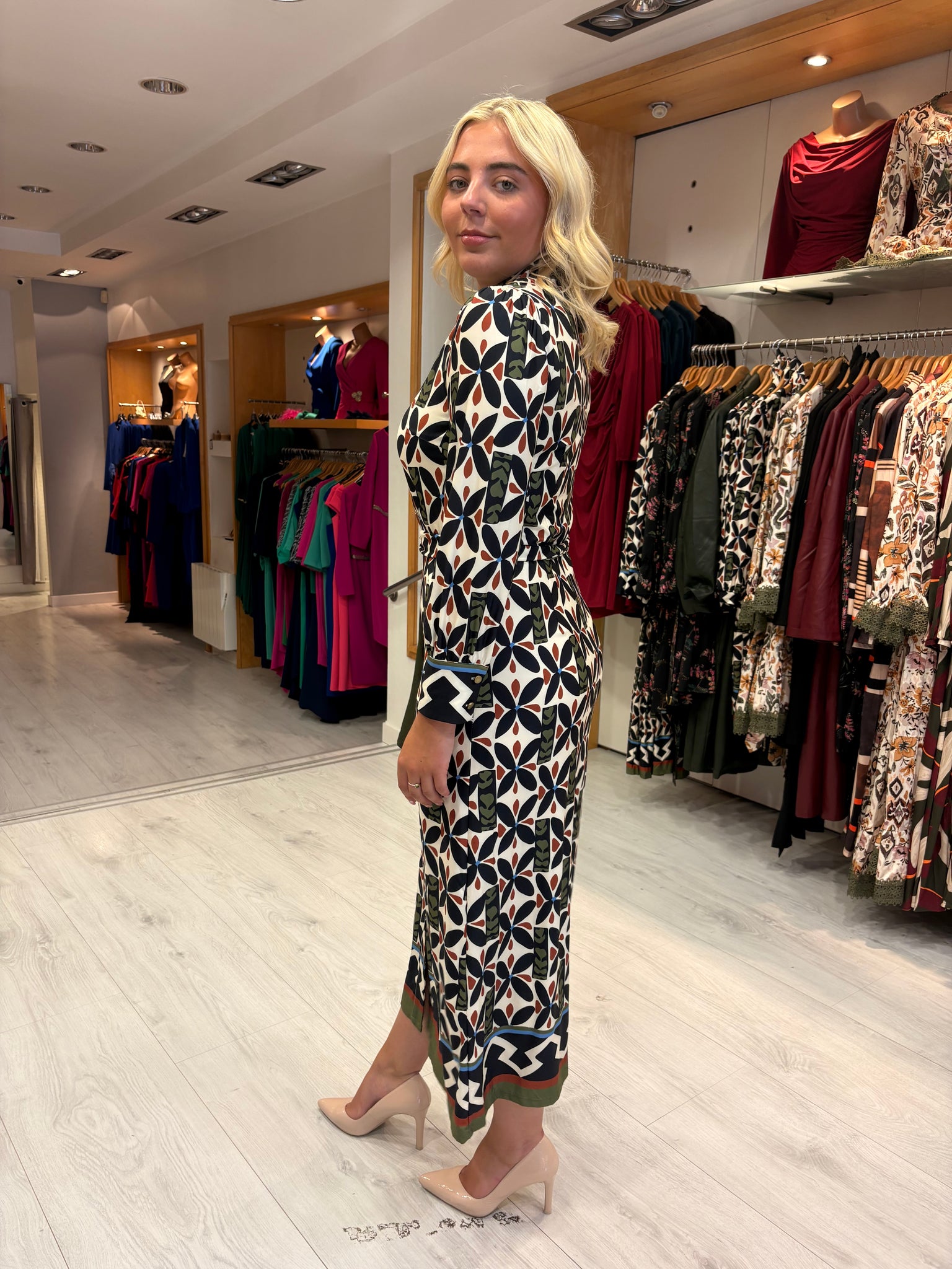K Design Geometric Print Belted Midi Shirt Dress
