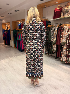 K Design Geometric Print Belted Midi Shirt Dress