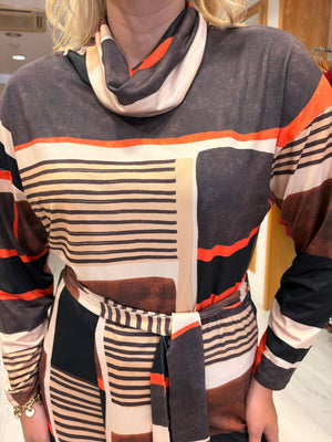 K Design Geometric Print Belted Midi Dress