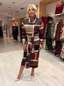 K Design Geometric Print Belted Midi Dress