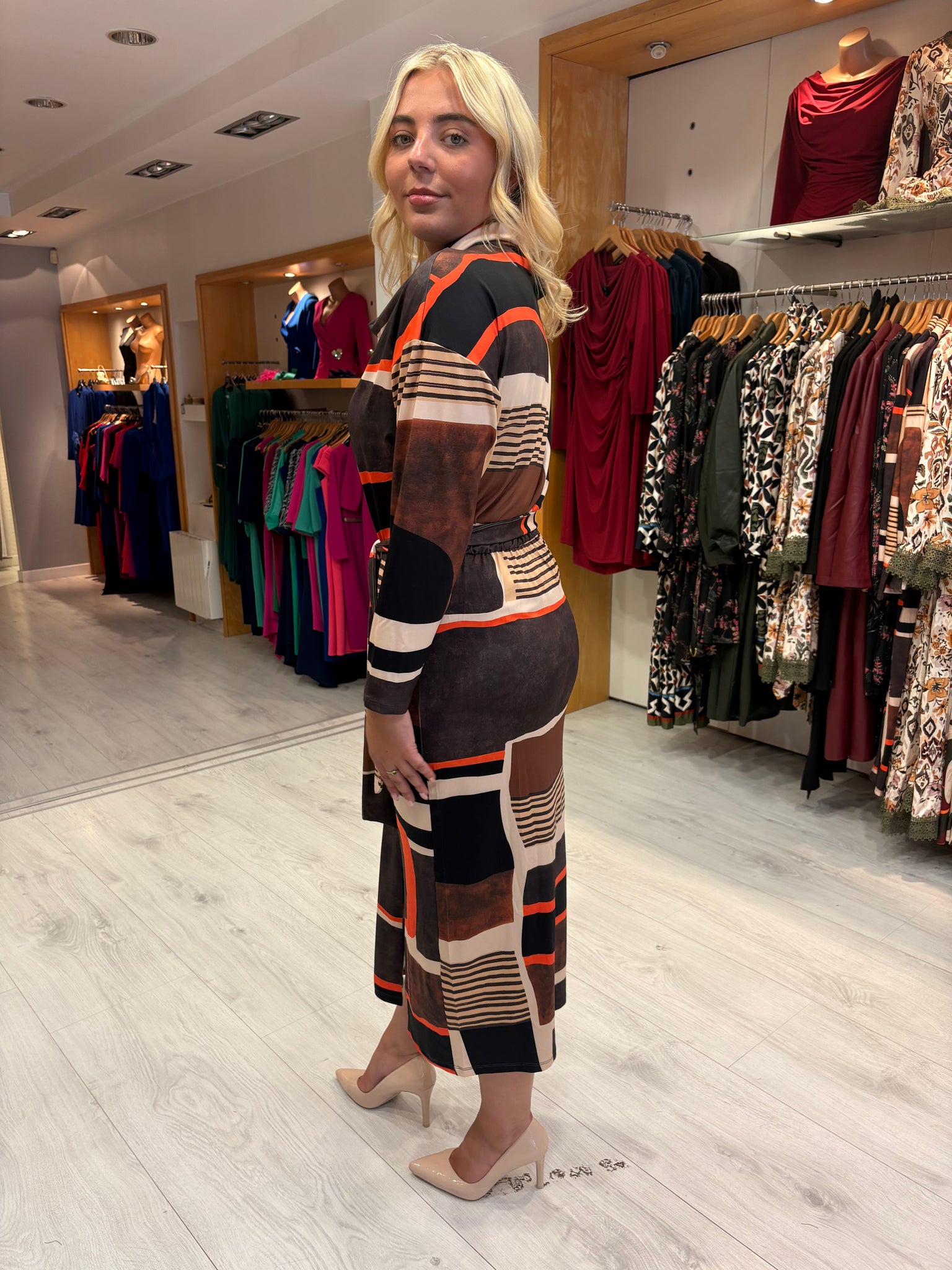 K Design Geometric Print Belted Midi Dress