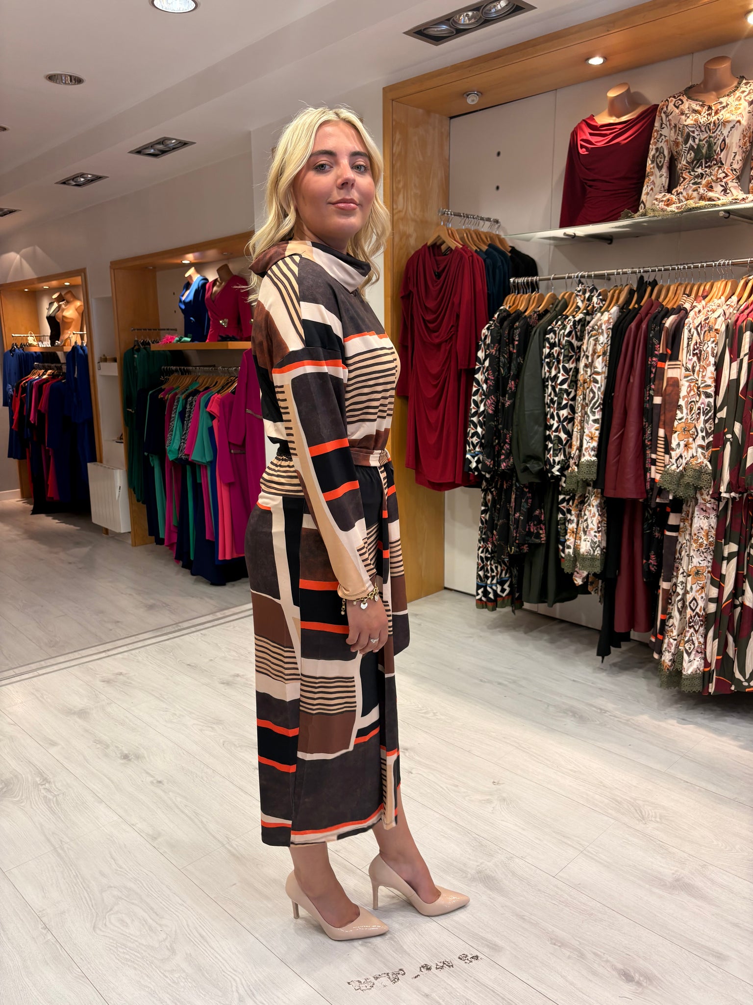 K Design Geometric Print Belted Midi Dress