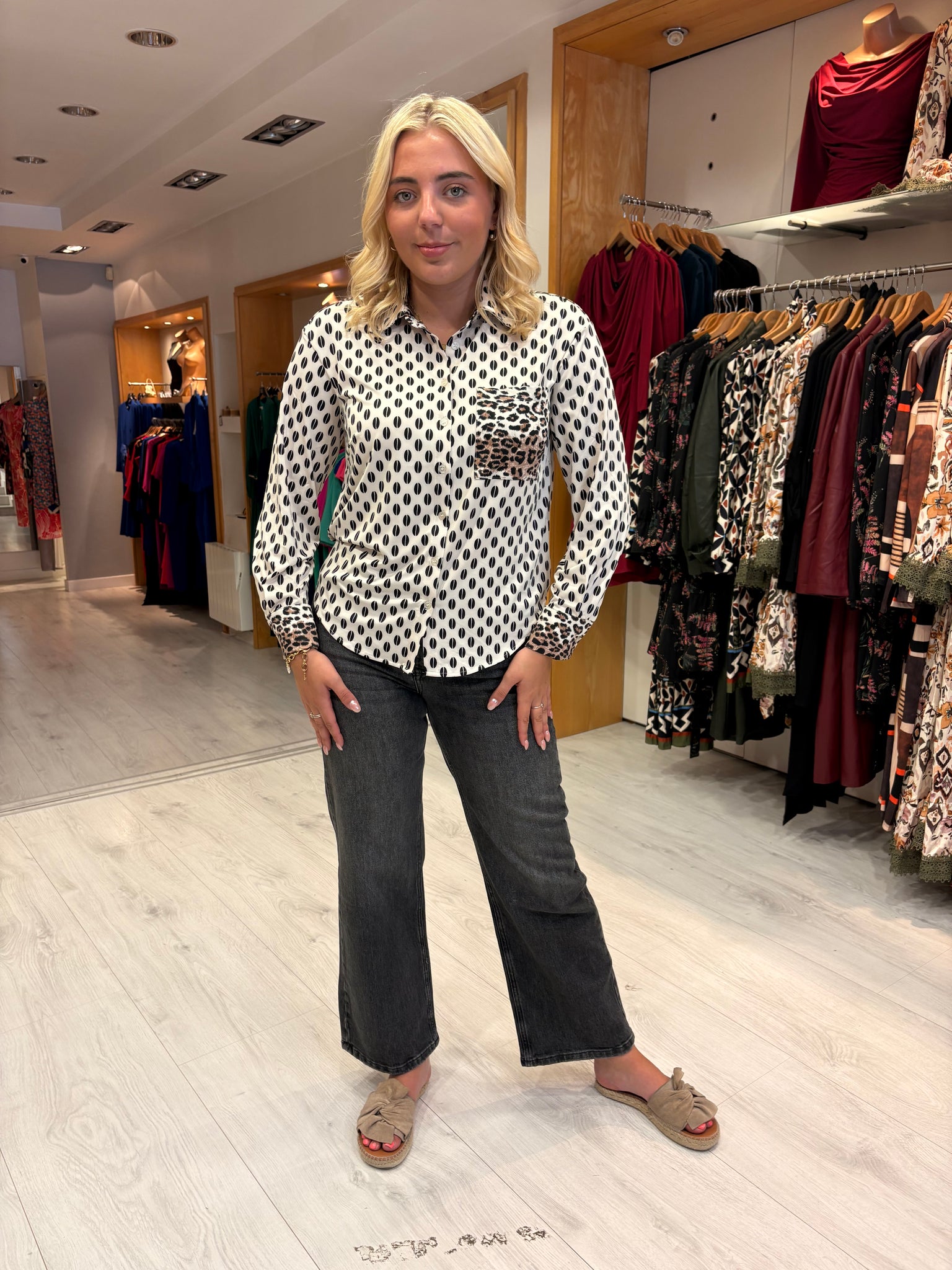 K Design Polka Dot & Leopard Print Contrast Shirt
