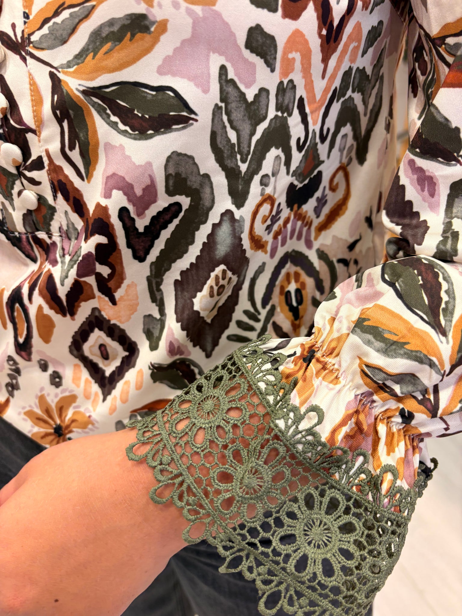 K Design Floral Print Blouse with Lace Cuff Detail