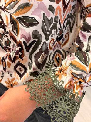 K Design Floral Print Blouse with Lace Cuff Detail