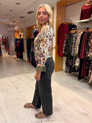 K Design Floral Print Blouse with Lace Cuff Detail