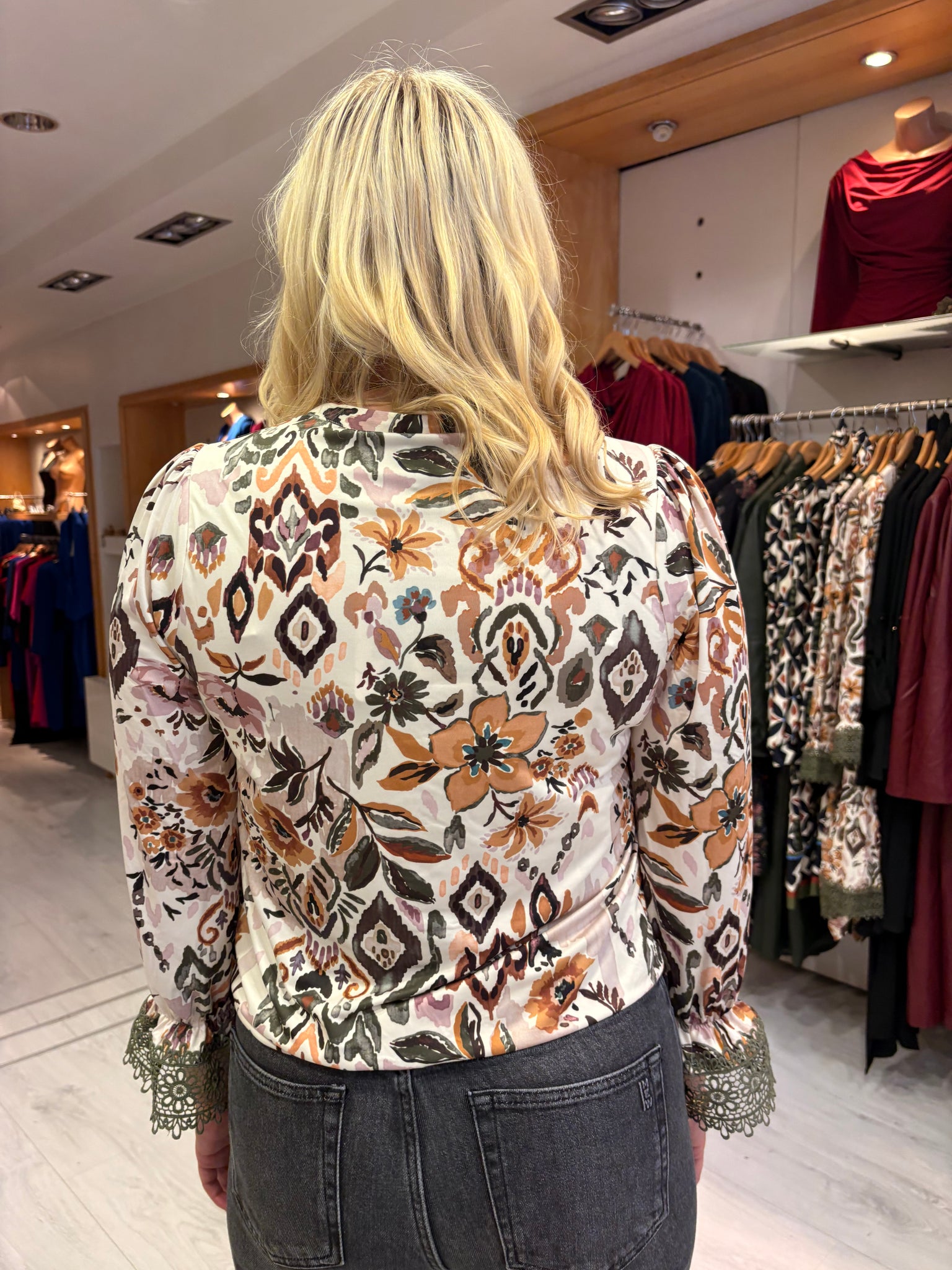 K Design Floral Print Blouse with Lace Cuff Detail