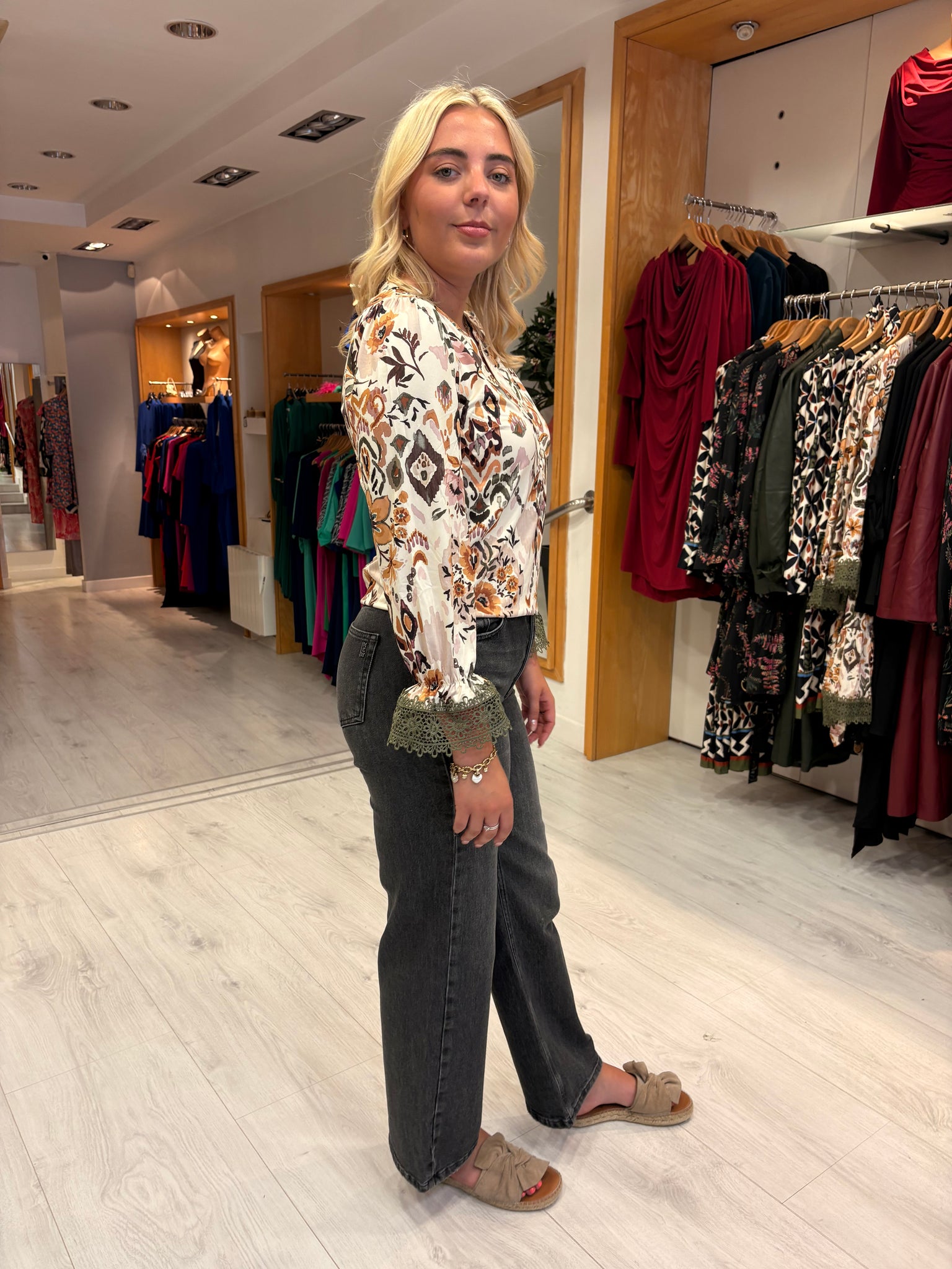 K Design Floral Print Blouse with Lace Cuff Detail