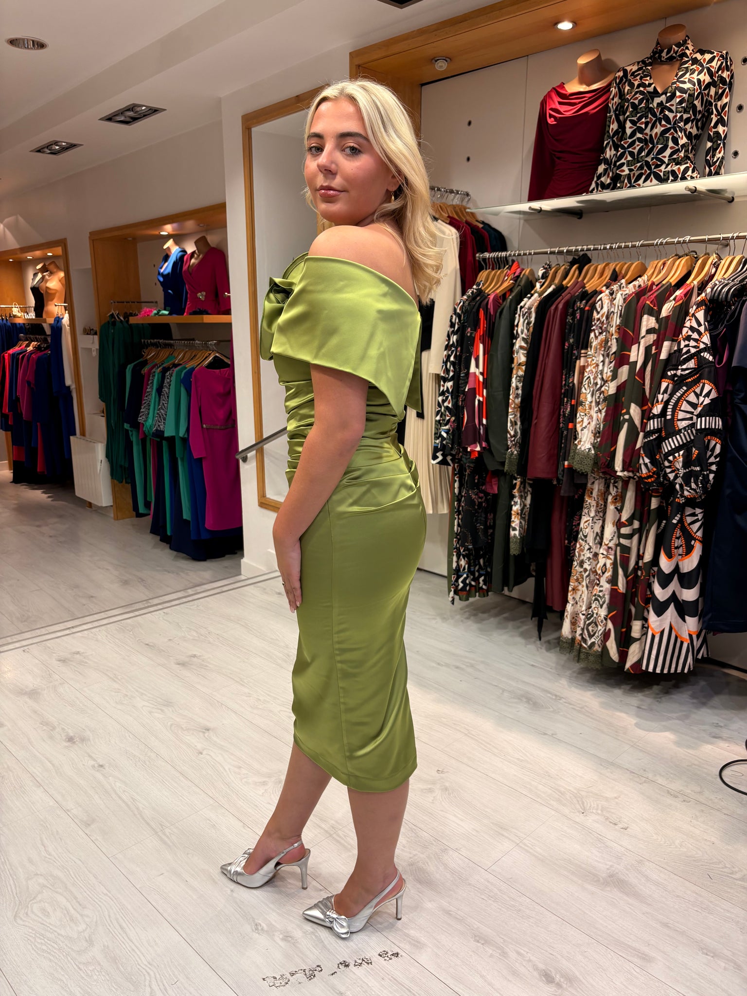 Kevan Jon Green Emma Satin Dress With Detachable Skirt
