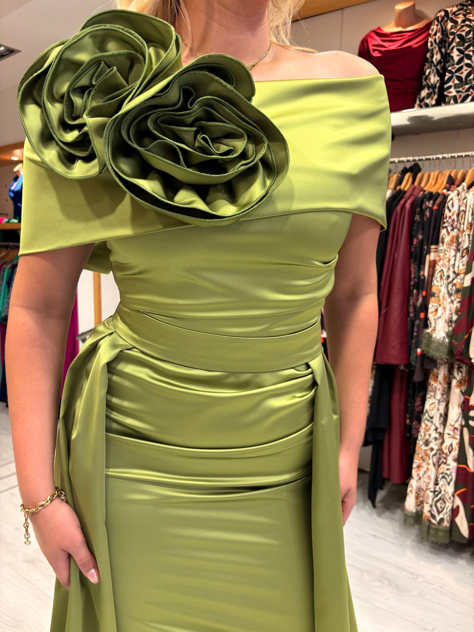 Kevan Jon Green Emma Satin Dress With Detachable Skirt
