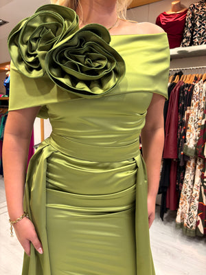 Kevan Jon Green Emma Satin Dress With Detachable Skirt