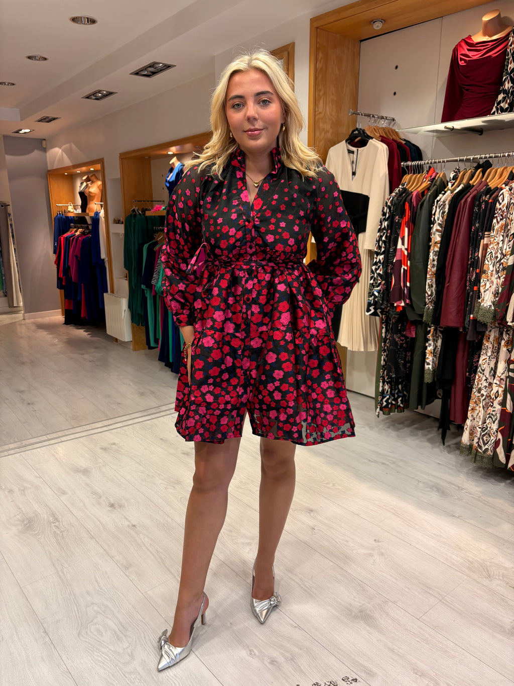 Emily Lovelock Red and Pink Print Mini Dress