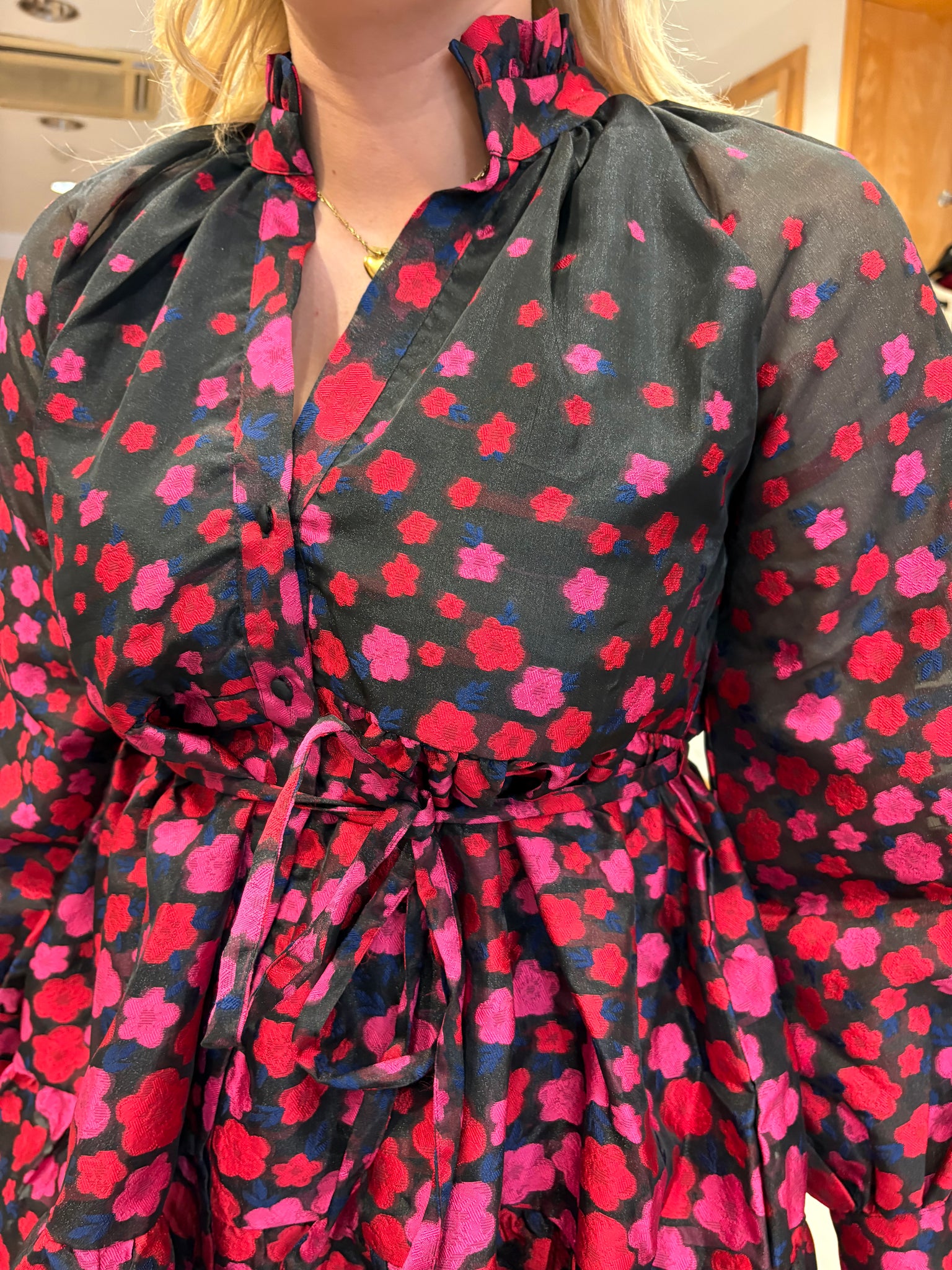 Emily Lovelock Red and Pink Print Mini Dress