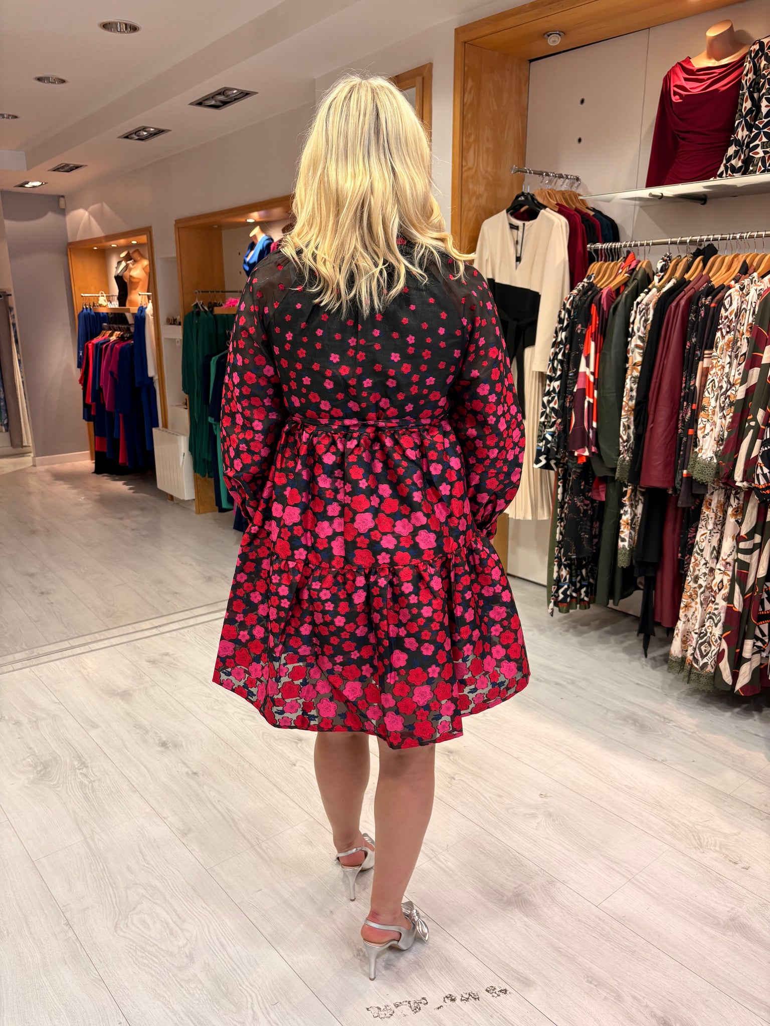 Emily Lovelock Red and Pink Print Mini Dress