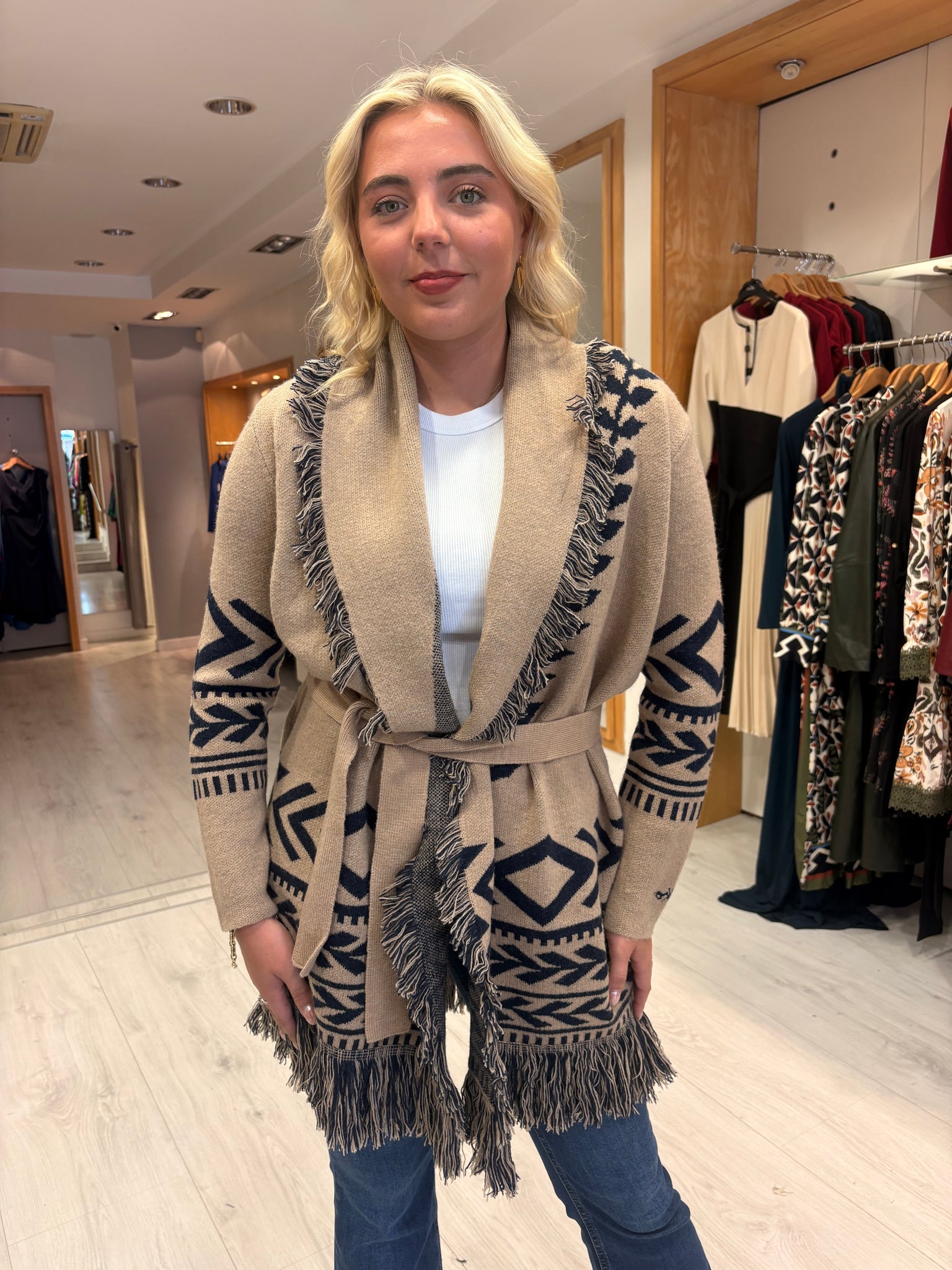 Hv Polo Beige and Navy Fringed Knit Cardigan