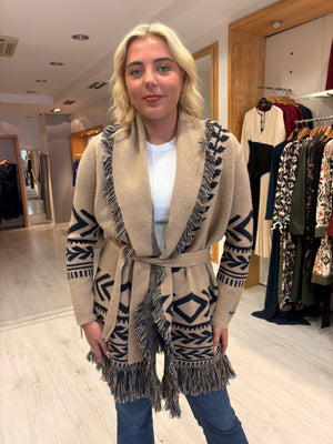 Hv Polo Beige and Navy Fringed Knit Cardigan
