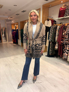 Hv Polo Beige and Navy Fringed Knit Cardigan