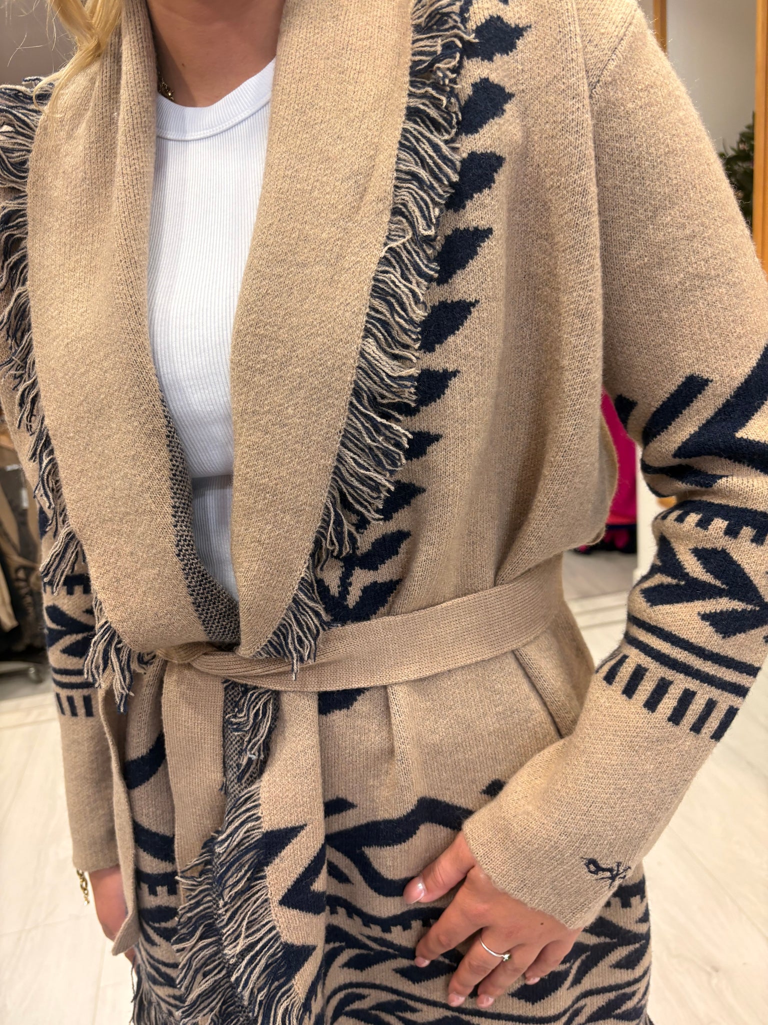 Hv Polo Beige and Navy Fringed Knit Cardigan