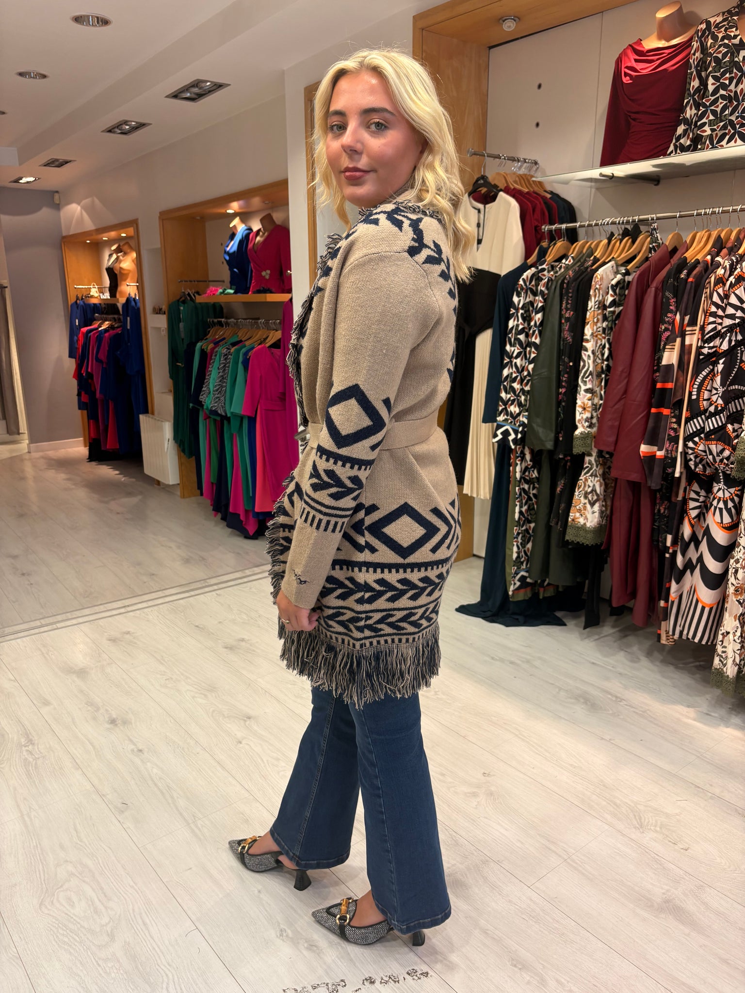 Hv Polo Beige and Navy Fringed Knit Cardigan