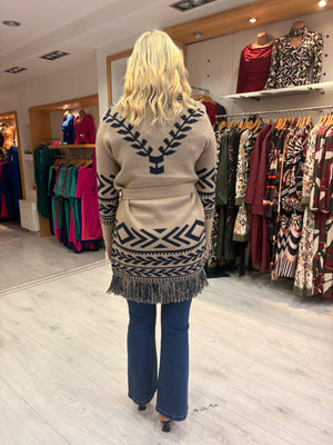 Hv Polo Beige and Navy Fringed Knit Cardigan