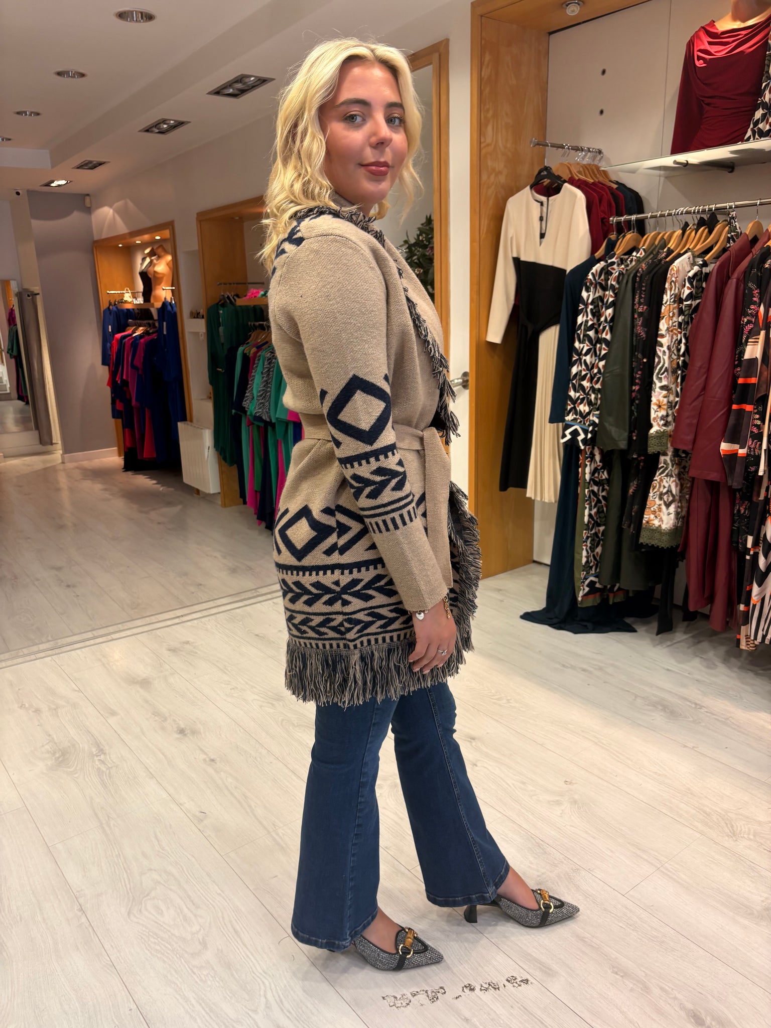 Hv Polo Beige and Navy Fringed Knit Cardigan