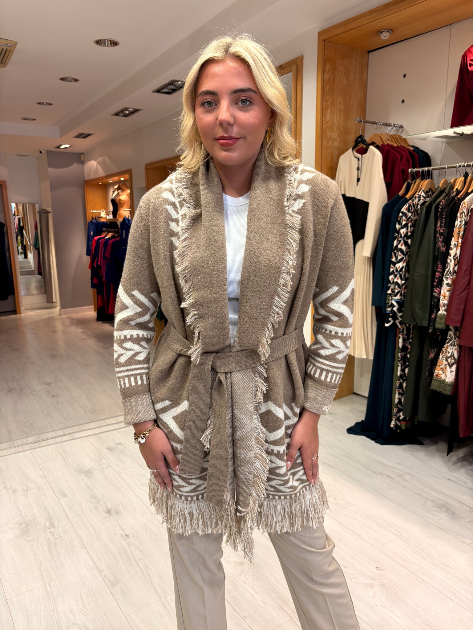 Hv Polo Beige and Cream Fringed Knit Cardigan