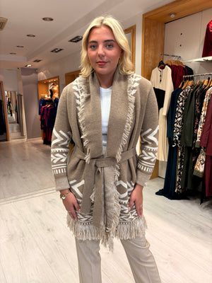 Hv Polo Beige and Cream Fringed Knit Cardigan