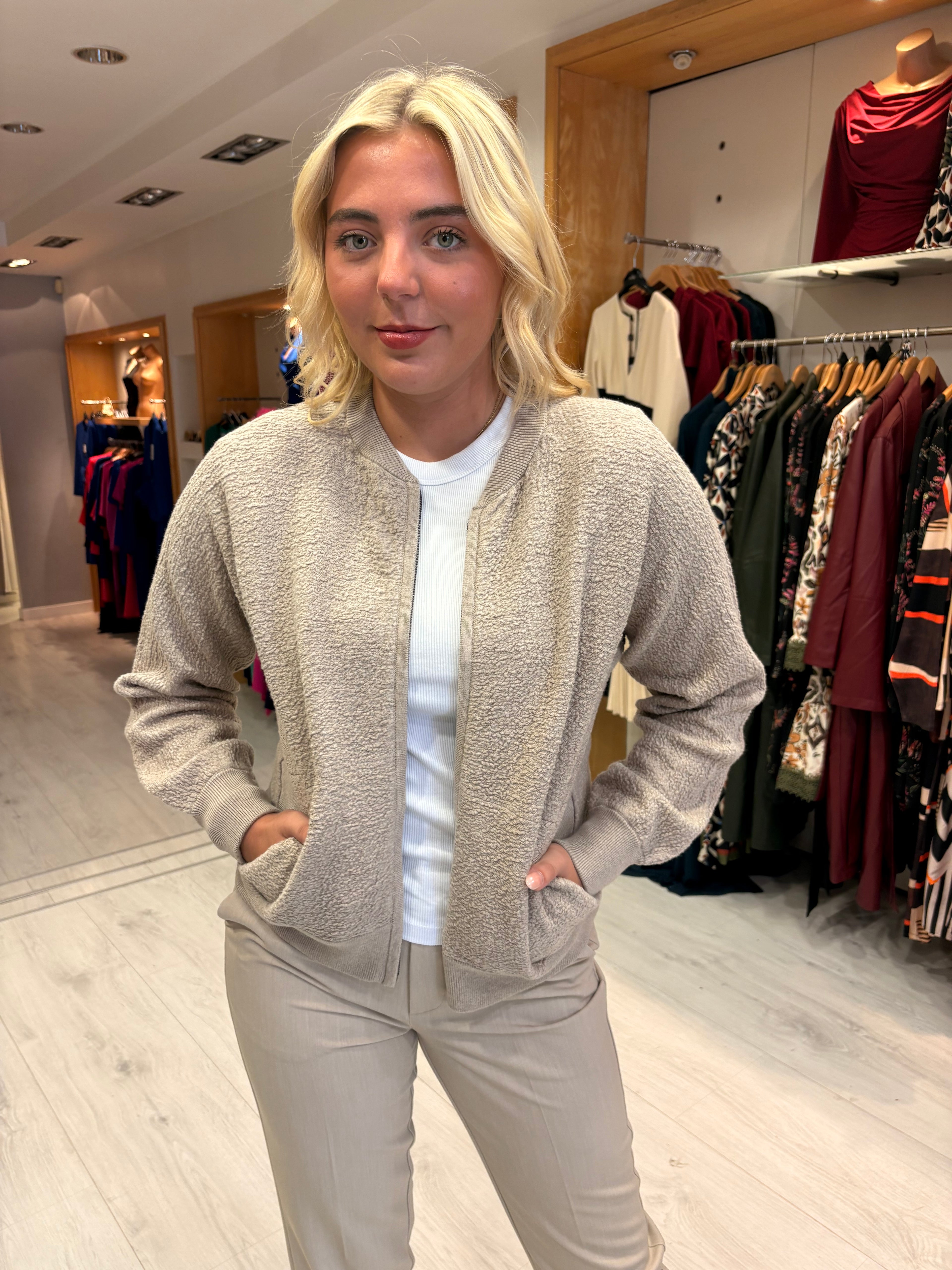 Yaya Beige Textured Knit Bomber Jacket