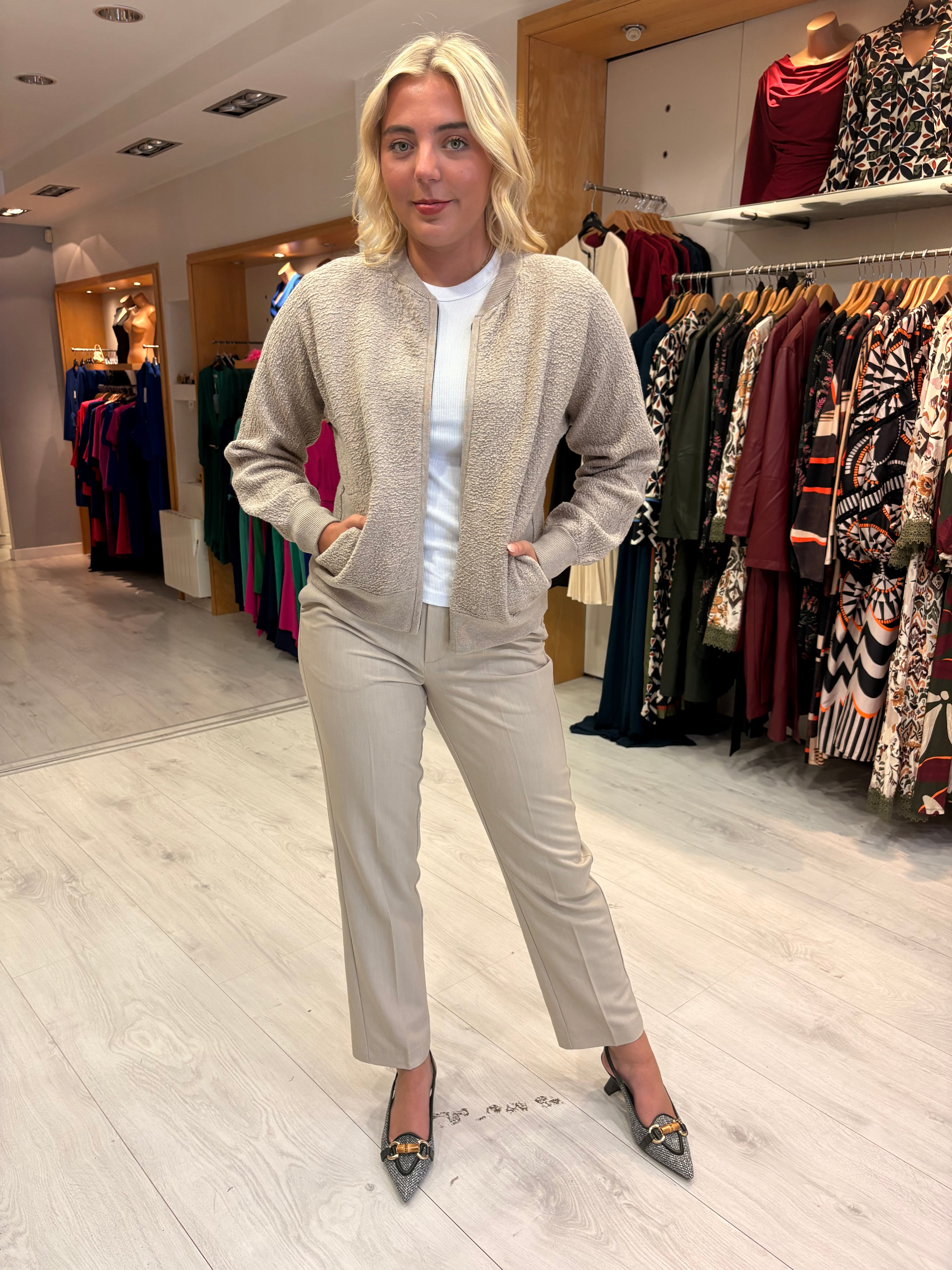 Yaya Beige Textured Knit Bomber Jacket