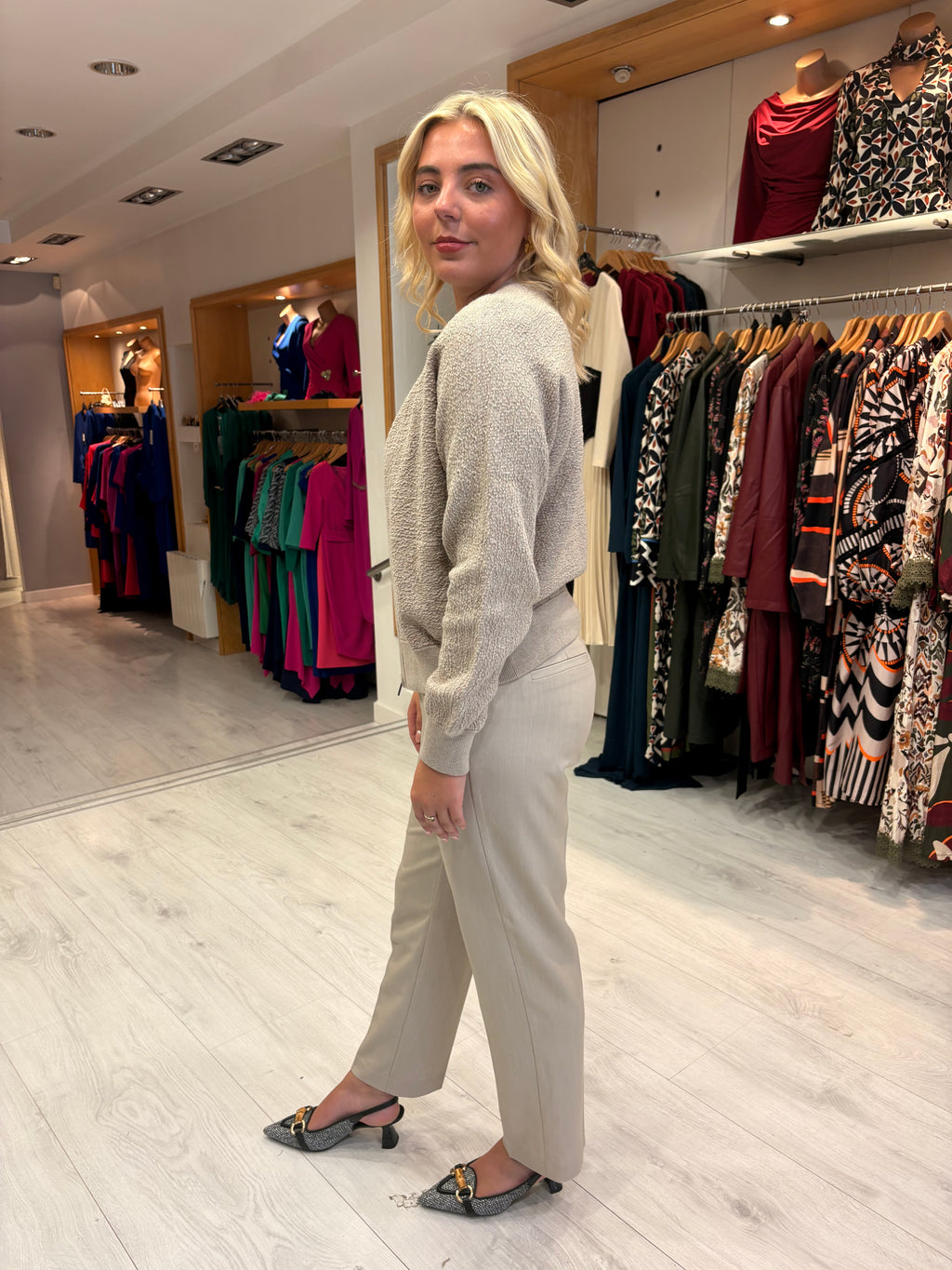 Yaya Beige Textured Knit Bomber Jacket