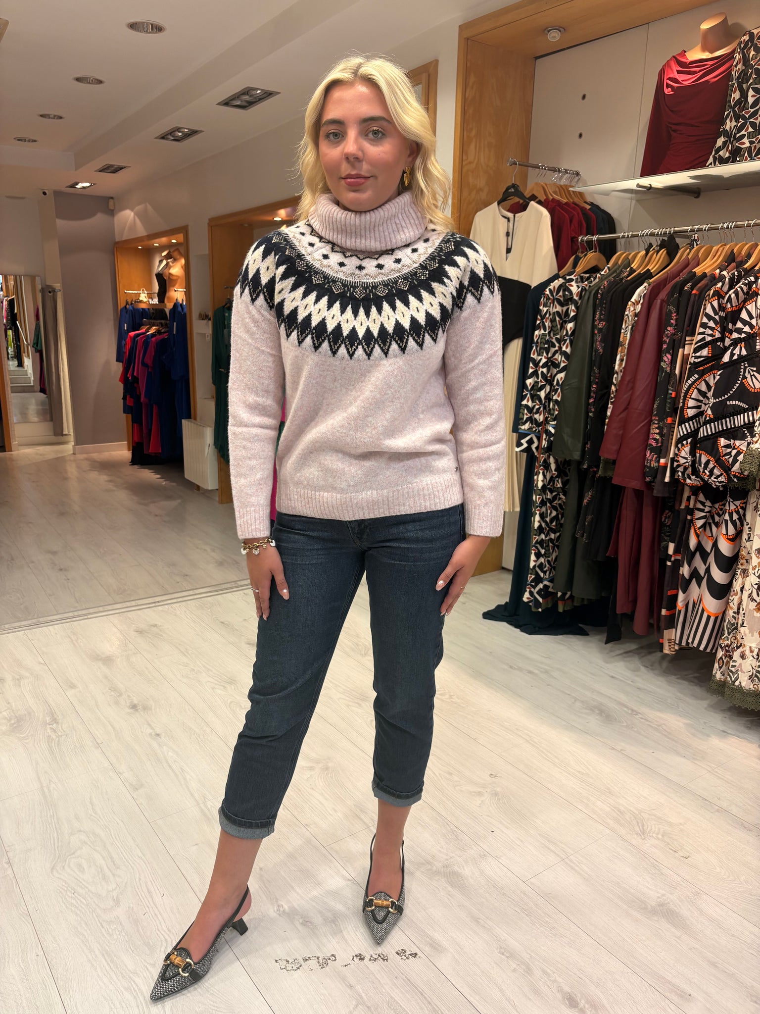 Hv Polo Pink  Print Polo Neck Jumper