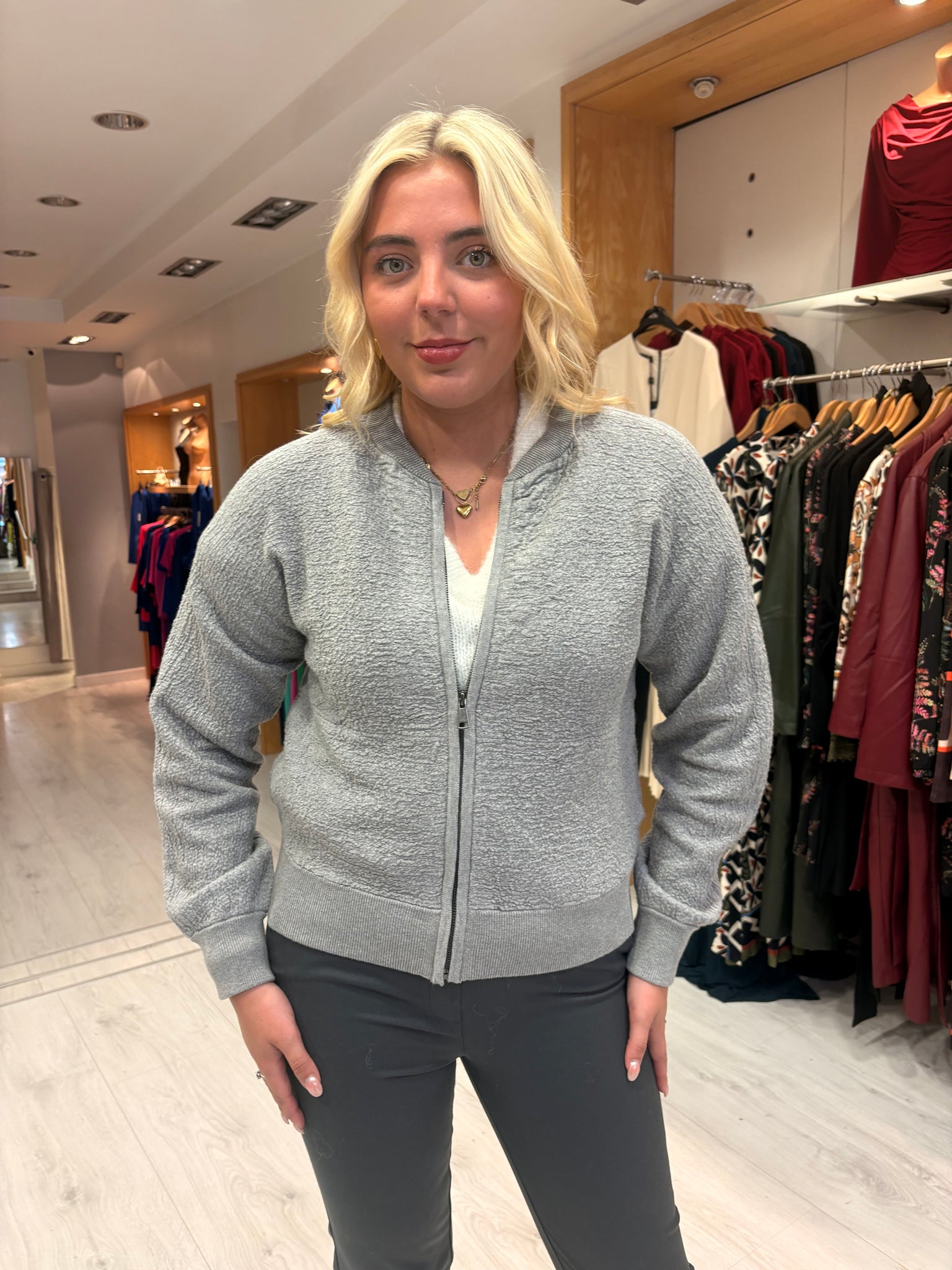 Yaya Grey Textured Knit Bomber Jacket