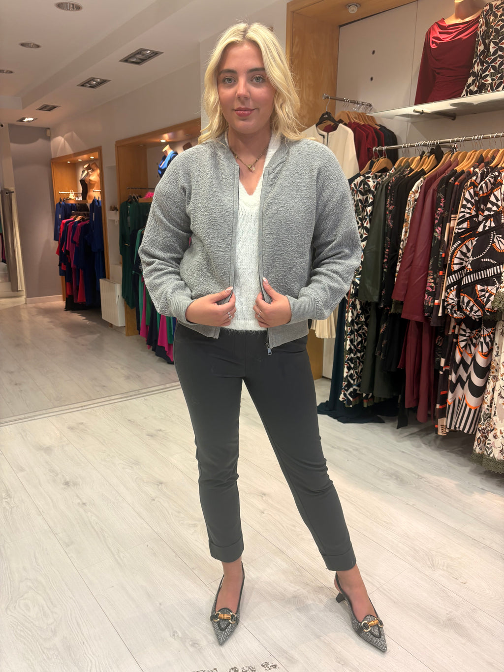 Yaya Grey Textured Knit Bomber Jacket