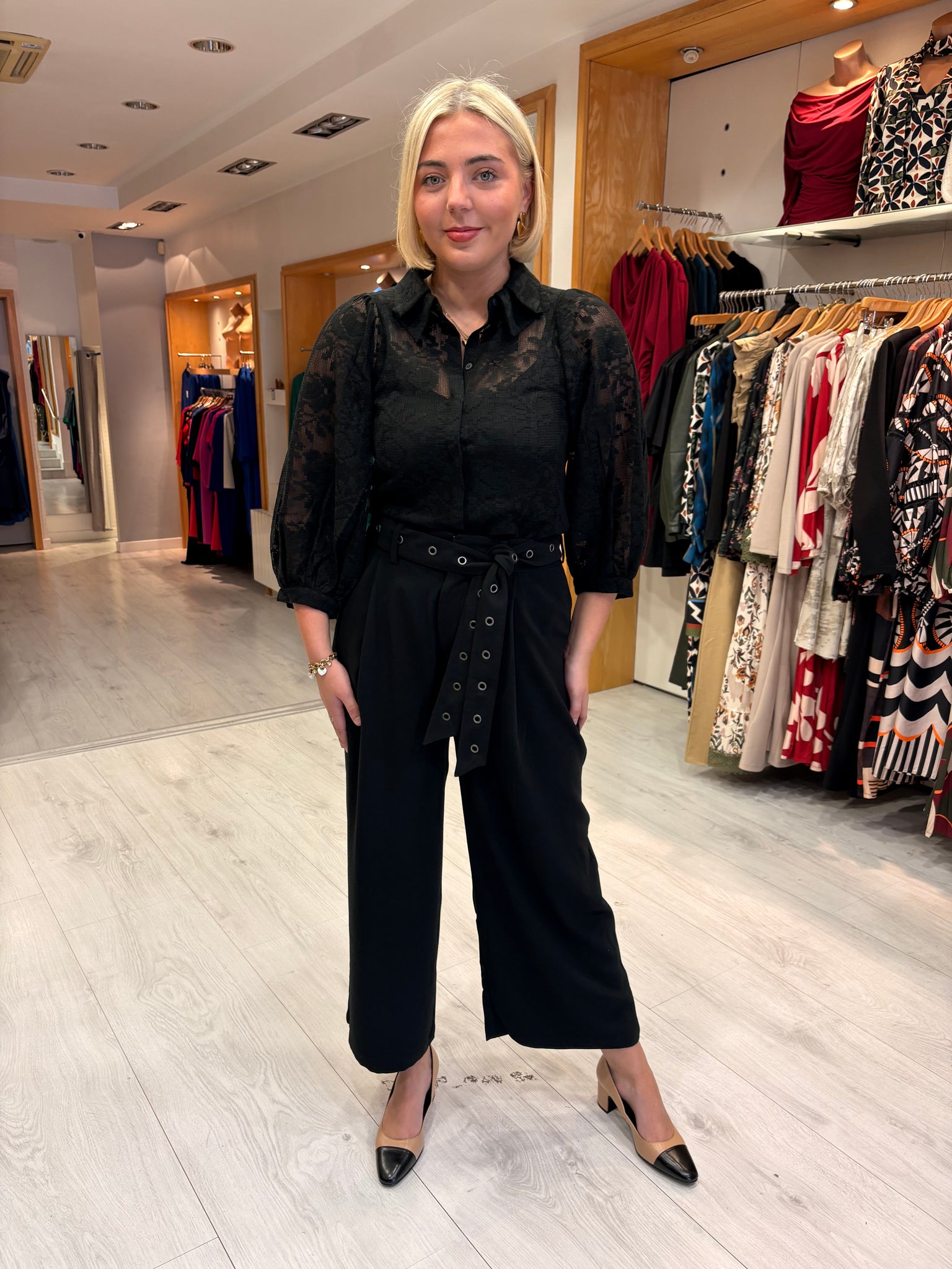 Kaffe Black Wide-Leg Belted Trousers