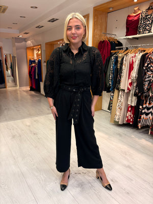 Kaffe Black Wide-Leg Belted Trousers
