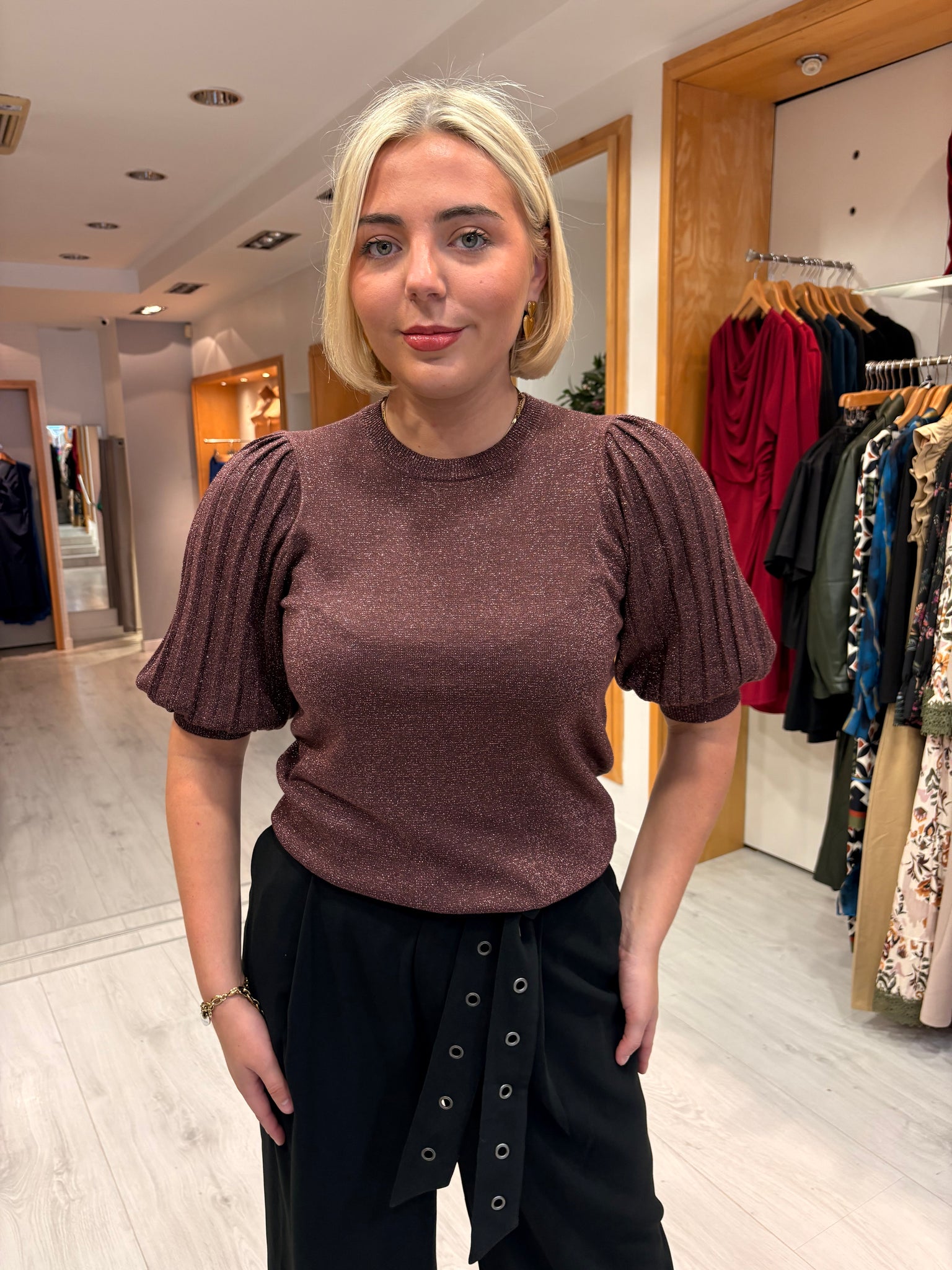 Kaffe Metallic Puff Sleeve Knit Top
