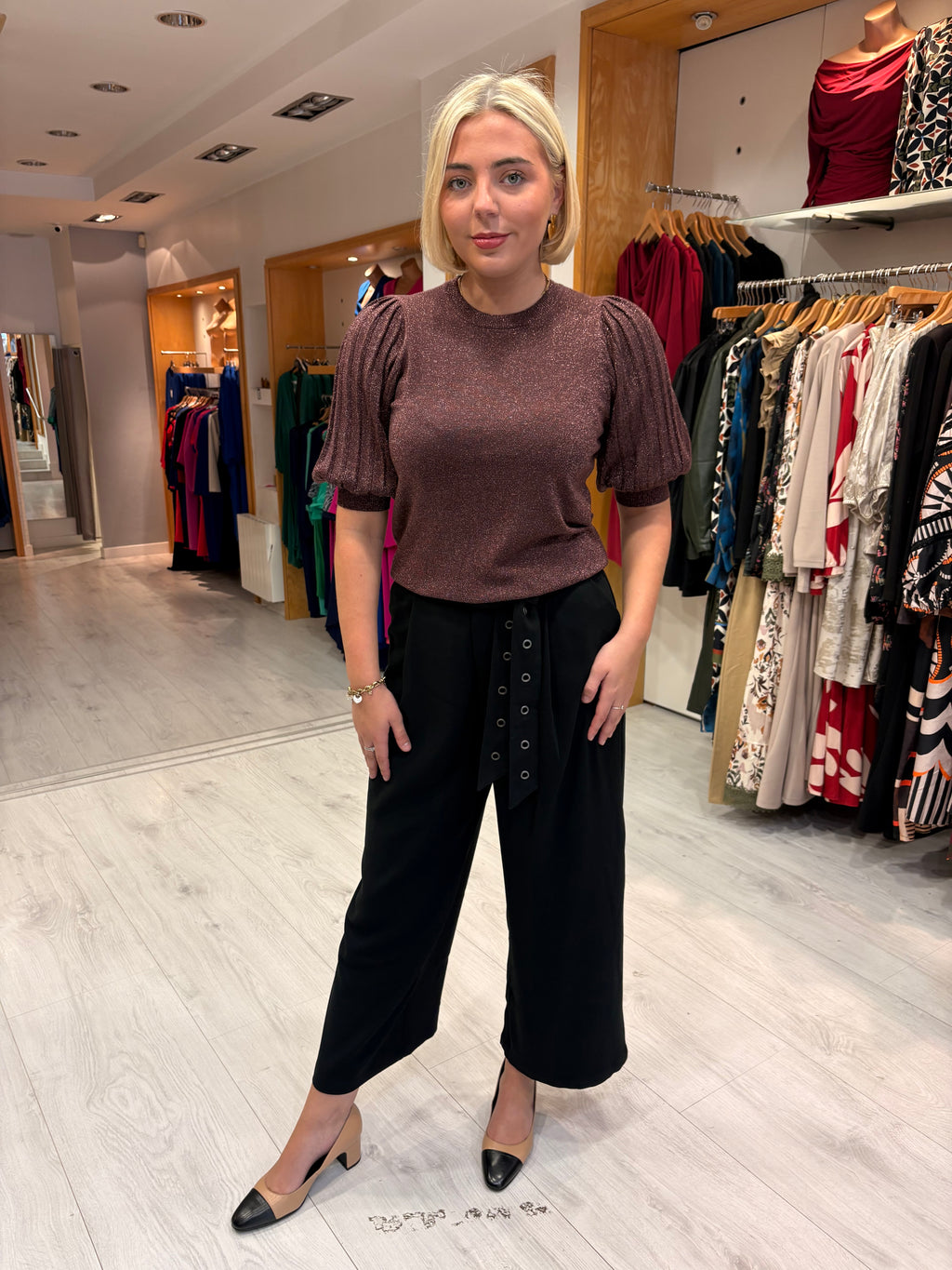 Kaffe Metallic Puff Sleeve Knit Top