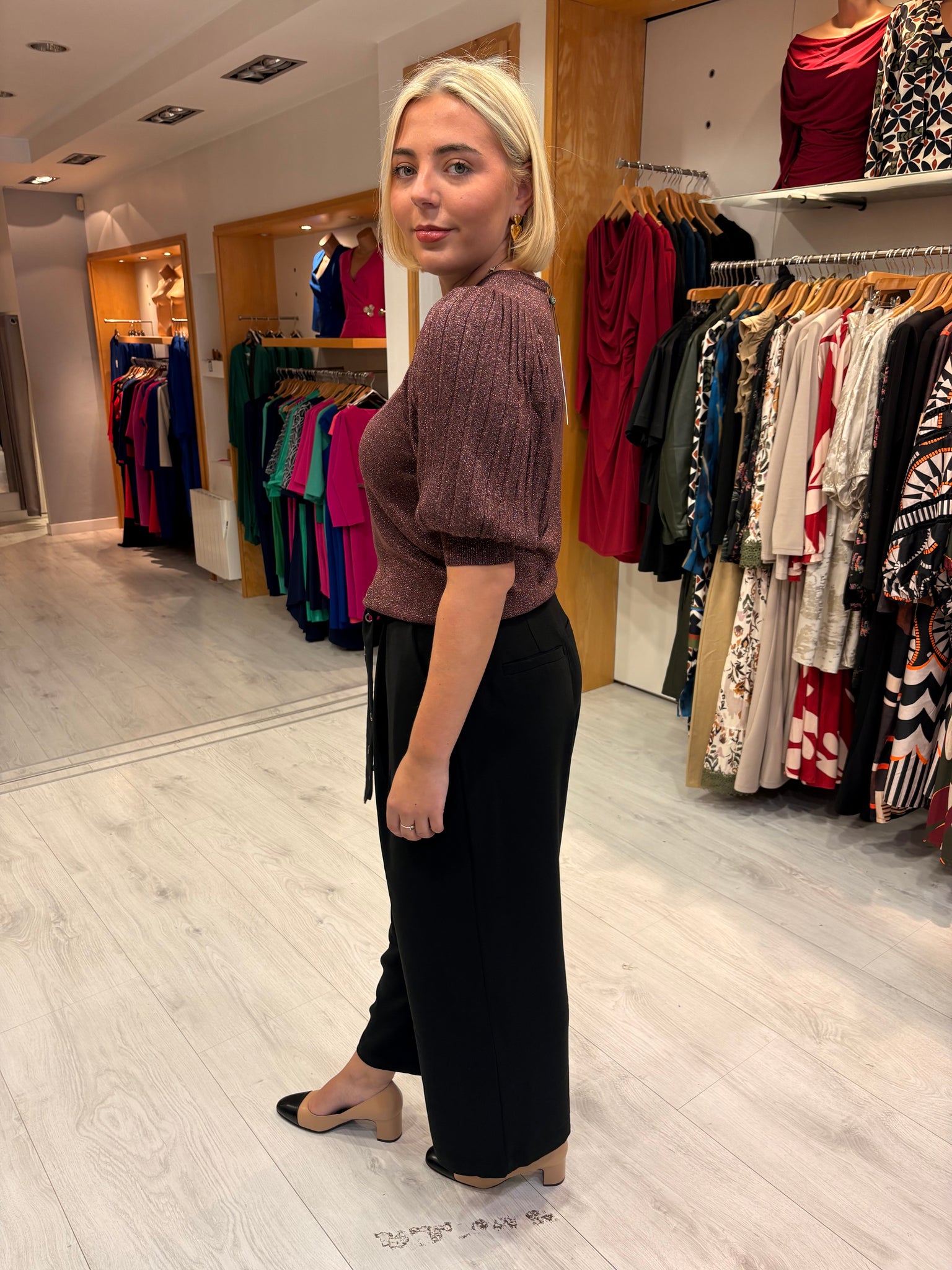 Kaffe Metallic Puff Sleeve Knit Top