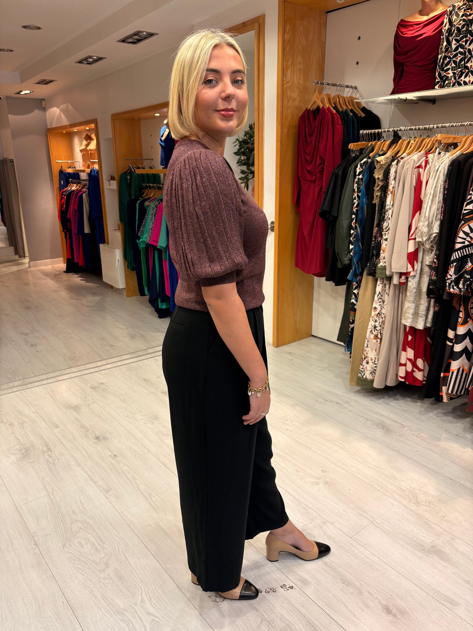 Kaffe Metallic Puff Sleeve Knit Top