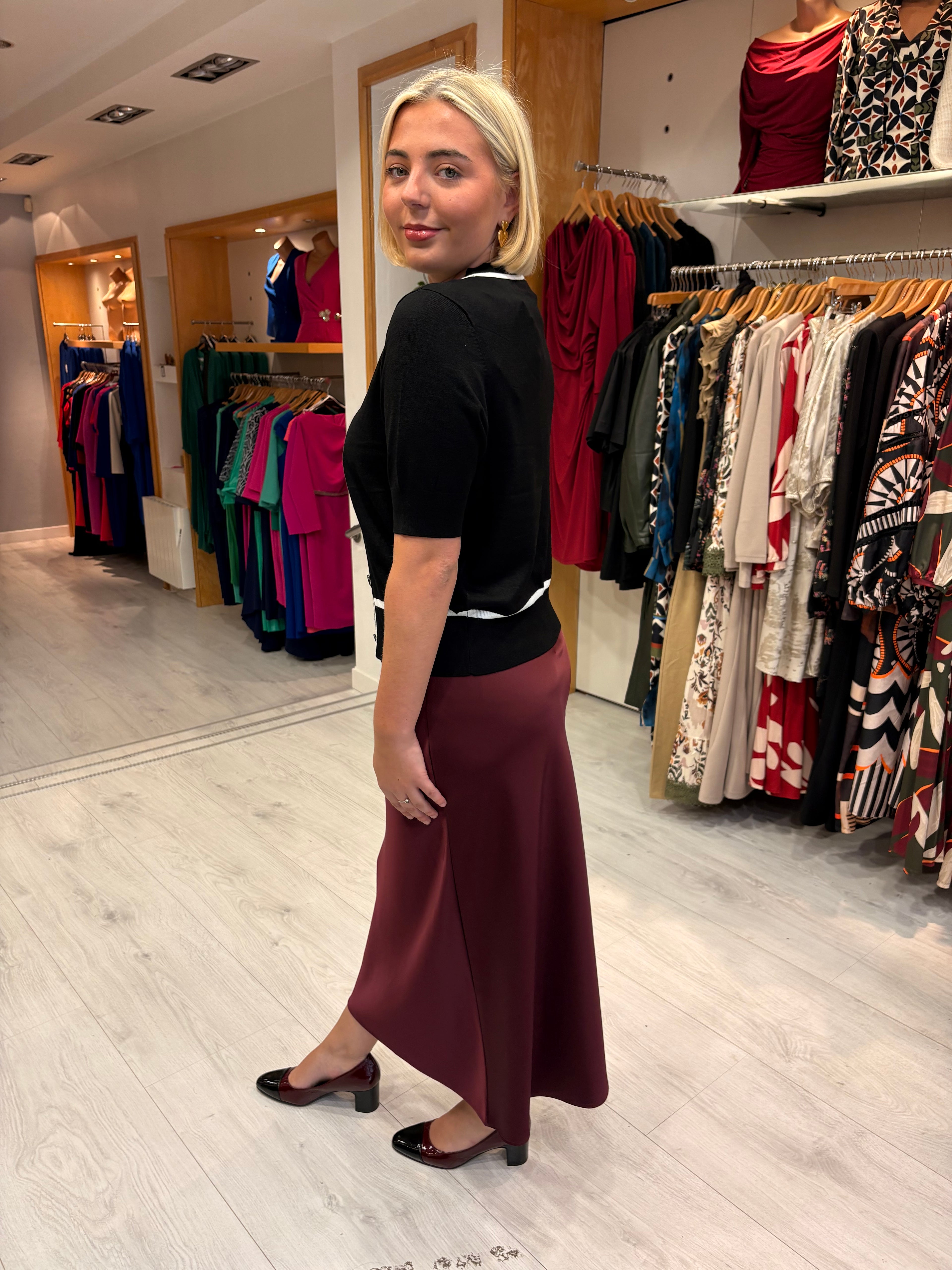 Kaffe Burgundy Satin Skirt with Black Lace Trim