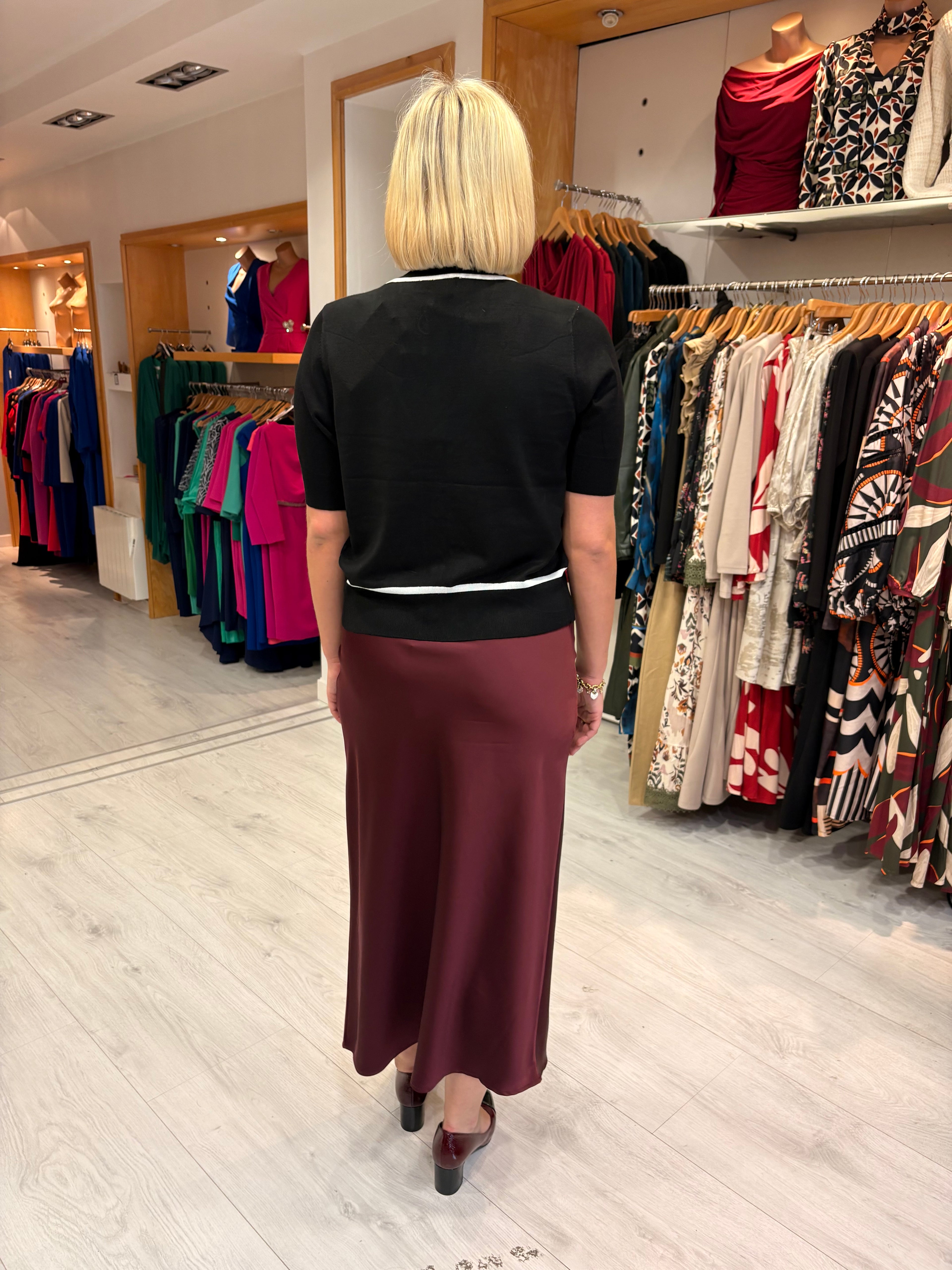 Kaffe Burgundy Satin Skirt with Black Lace Trim
