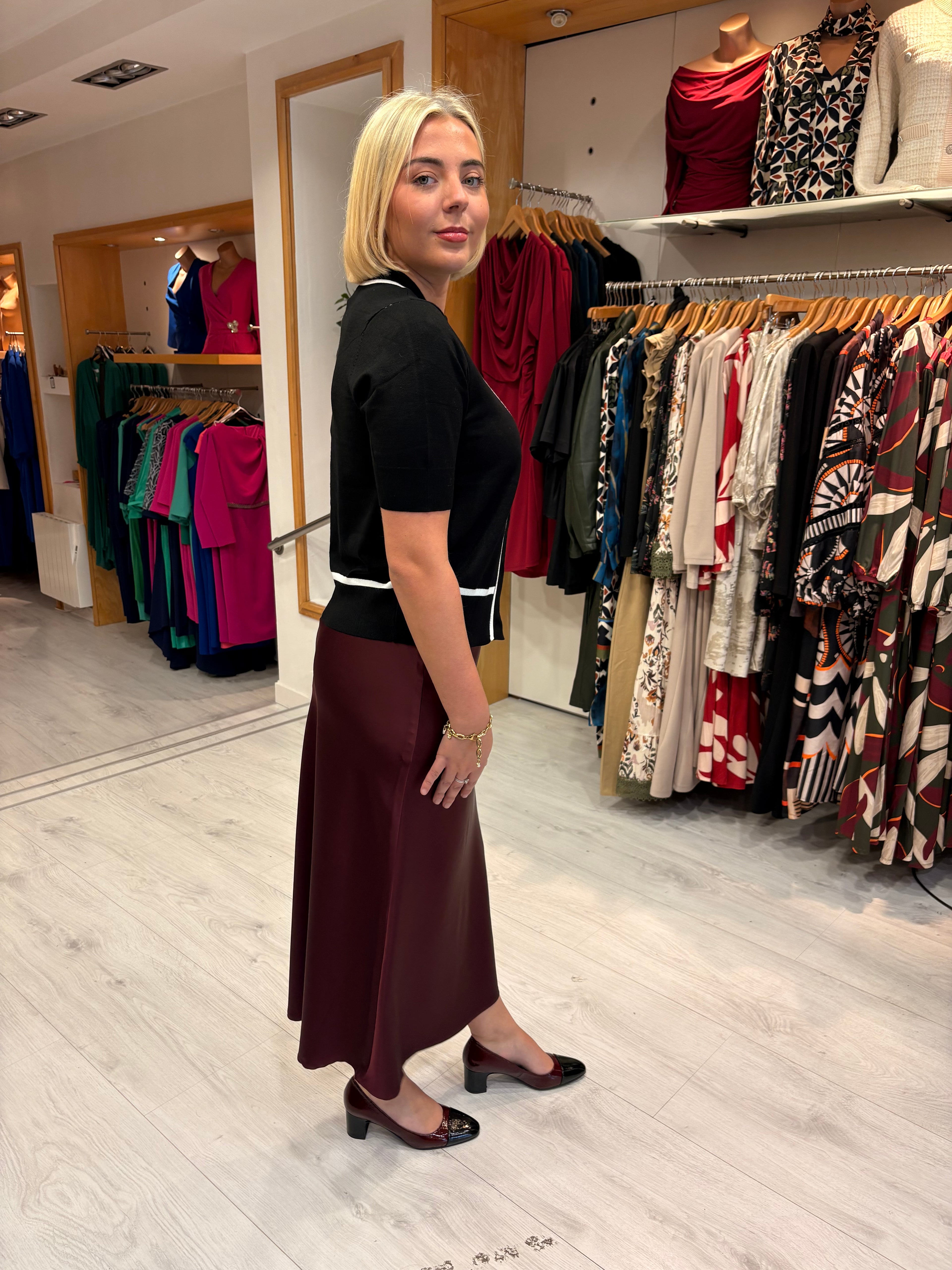 Kaffe Burgundy Satin Skirt with Black Lace Trim