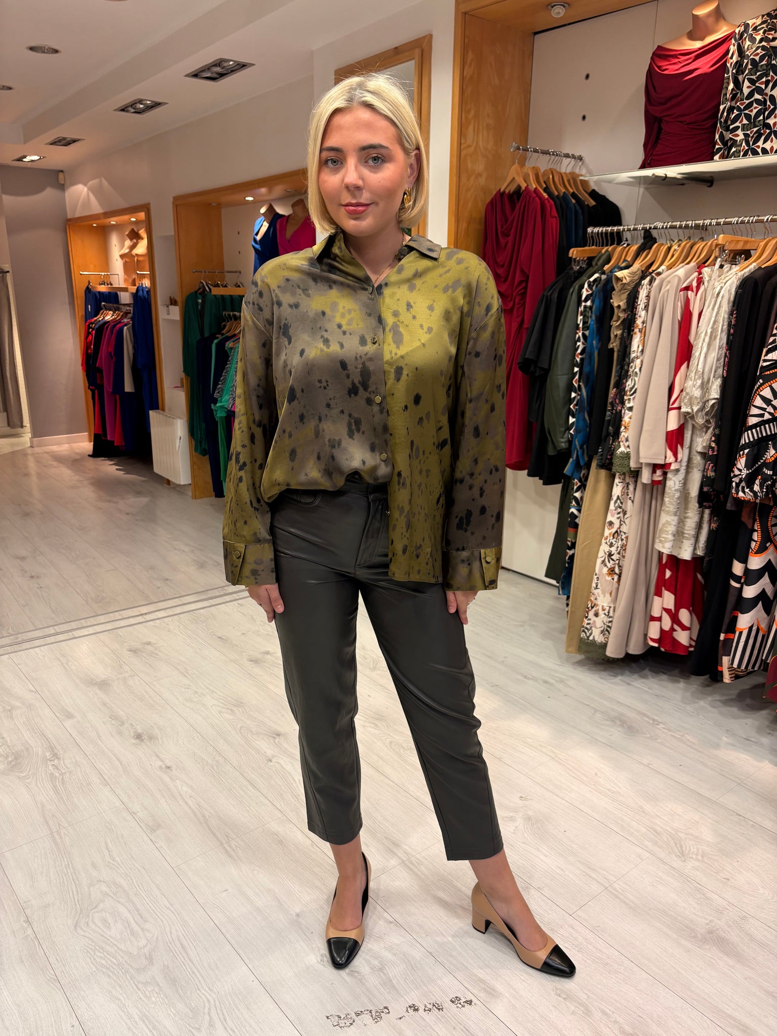 Karen By Simonsen Olive & Charcoal Print Blouse