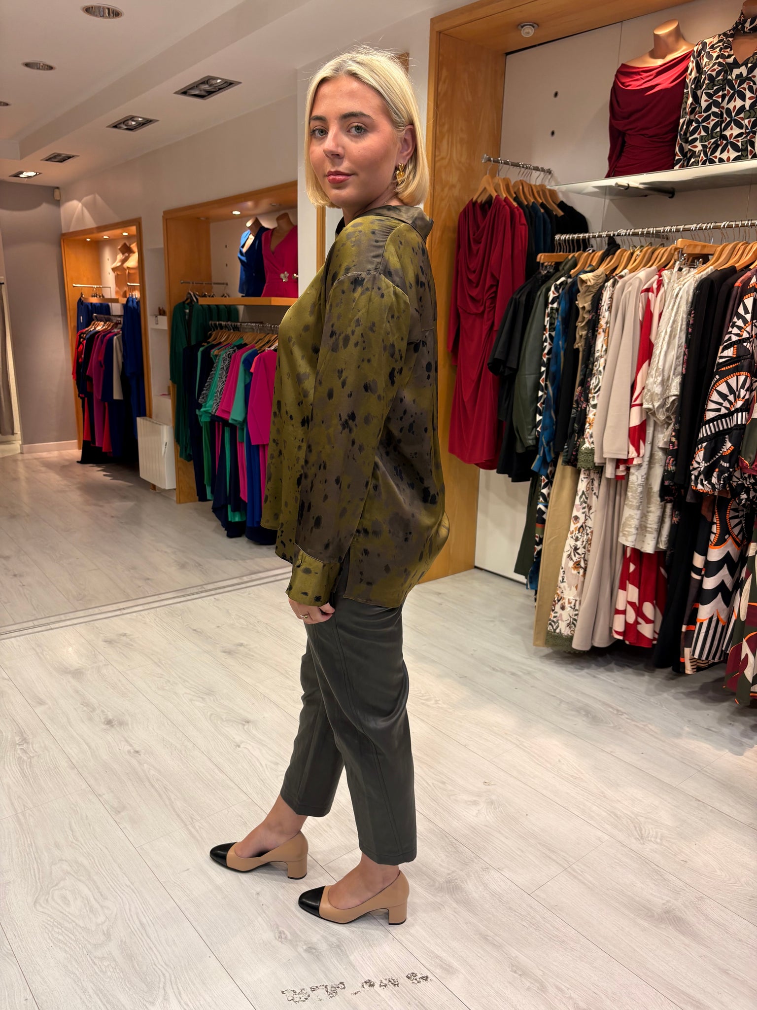 Karen By Simonsen Olive & Charcoal Print Blouse