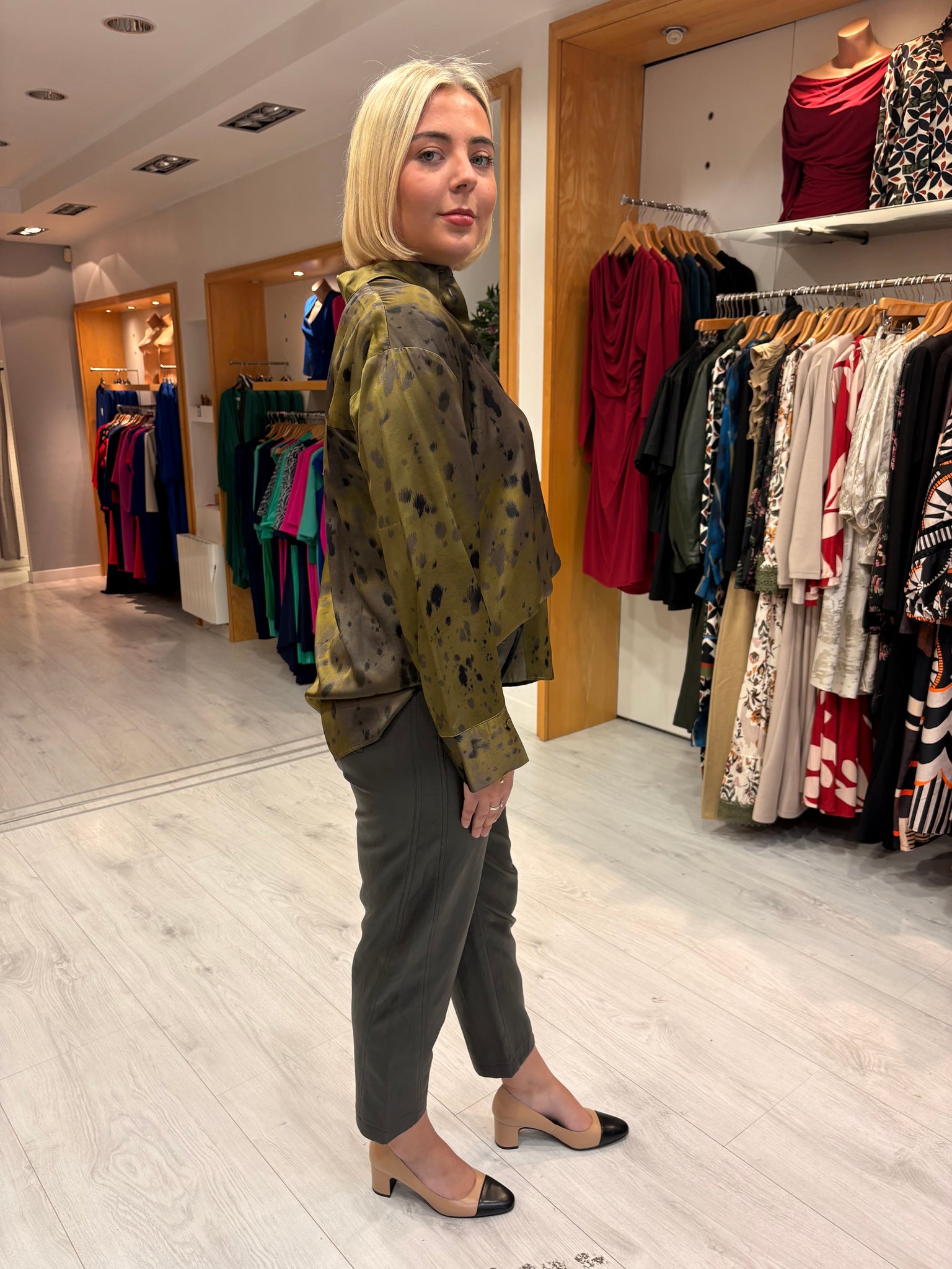 Karen By Simonsen Olive & Charcoal Print Blouse