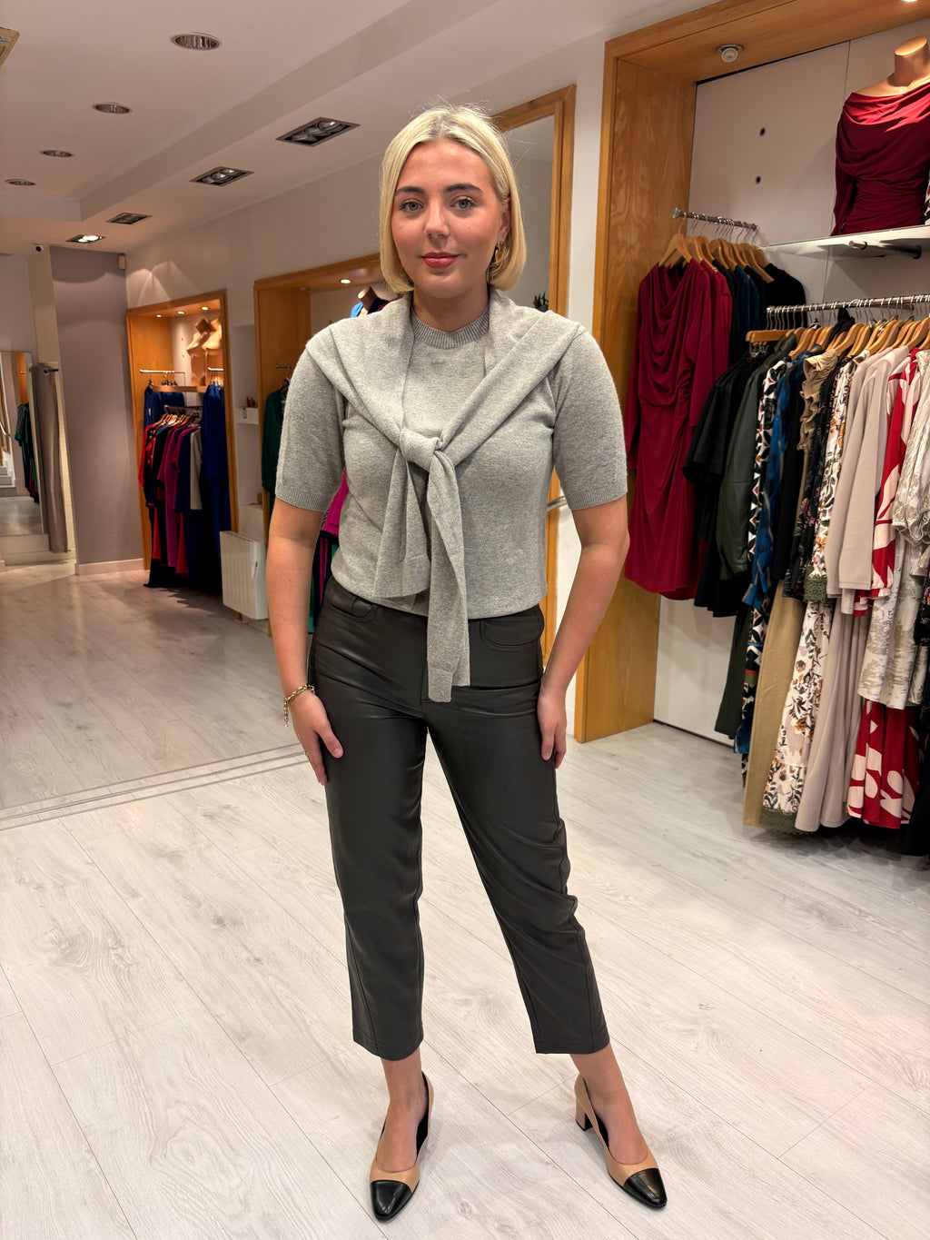 Yaya Grey Knit Tie-Front Short Sleeve Sweater