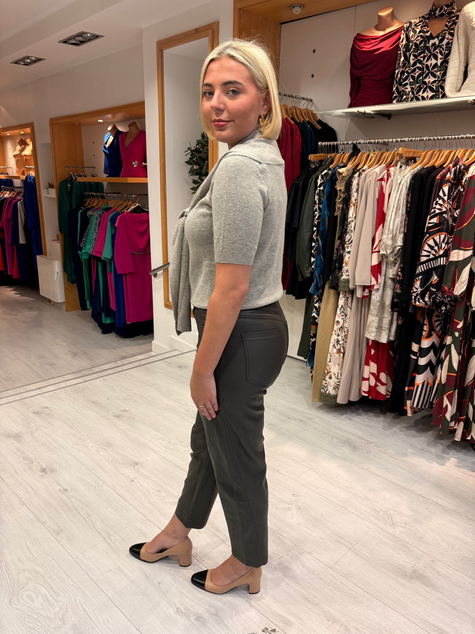 Yaya Grey Knit Tie-Front Short Sleeve Sweater