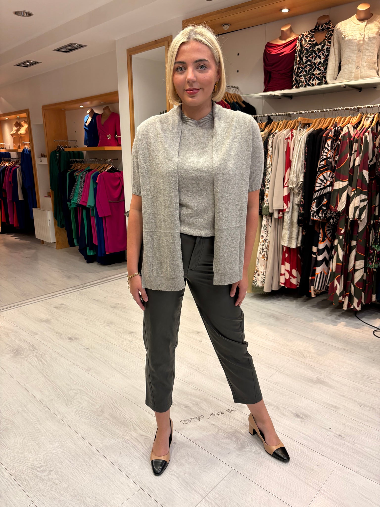 Yaya Grey Knit Tie-Front Short Sleeve Sweater