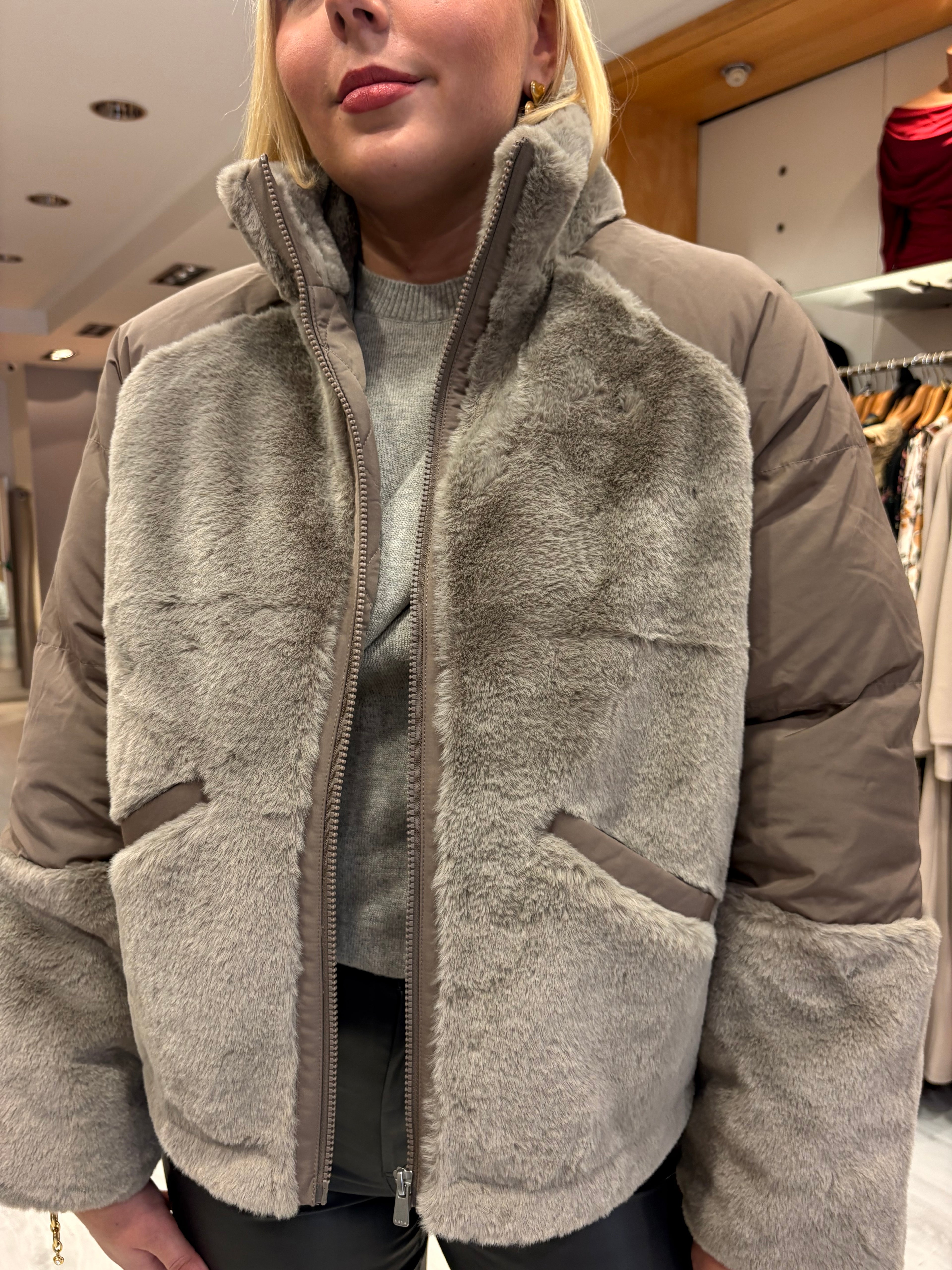 Yaya Taupe Faux Fur & Puffer Contrast Jacket